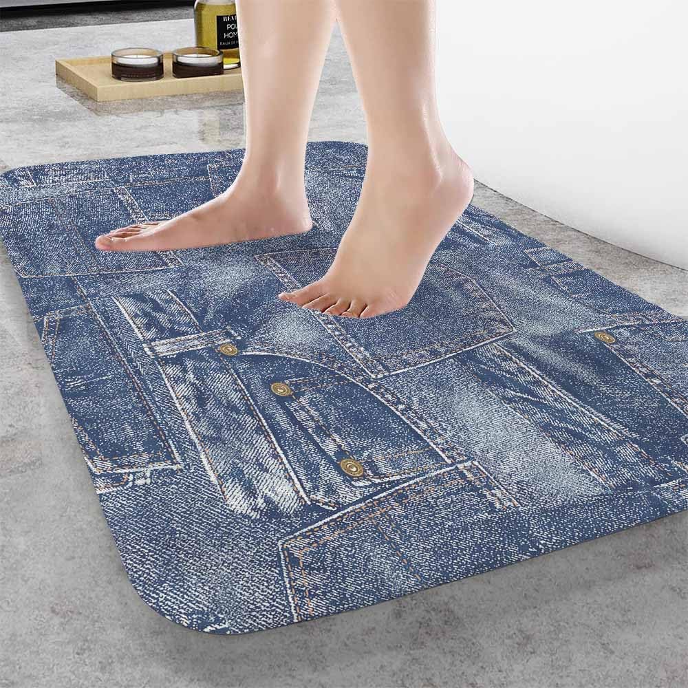 Denim Patchwork Texture Bath Mat for Bathroom Fabric Apparel Indigo Miscellaneous Bath Rugs Door Mat Non Slip Rubber Backed Bathroom Floor Mat for Bathtub Sink Shower 20"X32"