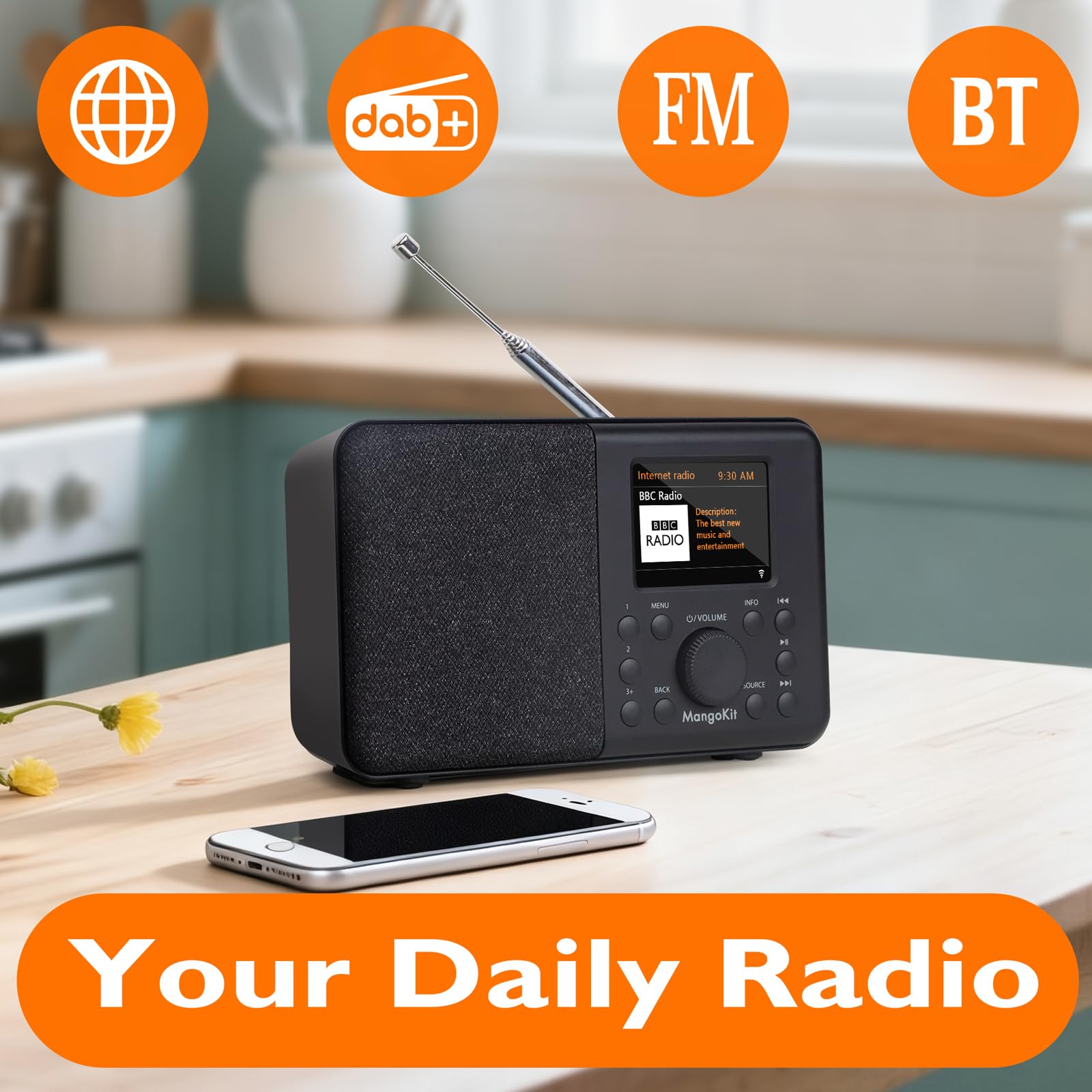 SR10 radio internetowe WiFi z Smart DAB+ i Bluetooth, FM, radio kuchenne z zasilaniem sieciowym i baterią, kolorowy wyświetlacz, podwójny alarm