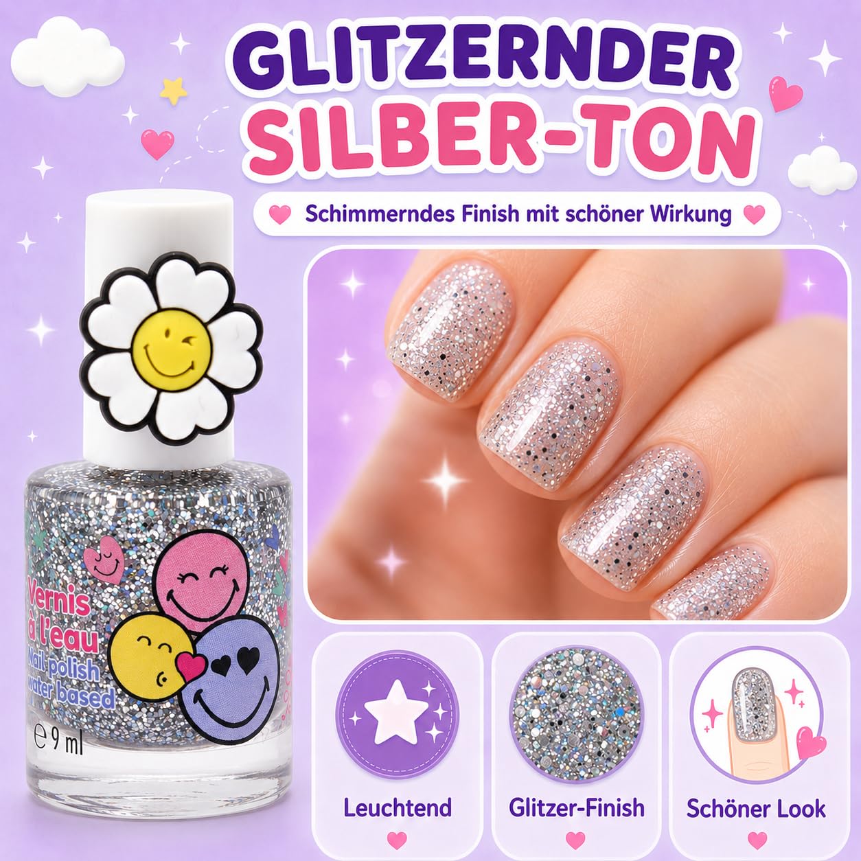 Smiley Esmalte de Uñas al Agua Peel Off Pack 2 – Esmalte No Tóxico Base Agua, Sin Olor, Secado Rápido y Fácil de Quitar – Maquillaje Infantil y Adultos – 2 x 9 ml