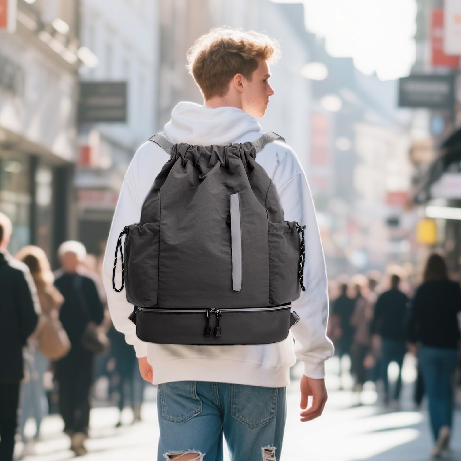 Rucksack mit Kordelzug, große Kapazität, Reiserucksäcke, wasserdichter Rucksack mit stabiler Kordel, ideal für Fitnessstudio, Fitness, Wandern, Basketball, Fußball, Picknick, Alltag, 46 x 34