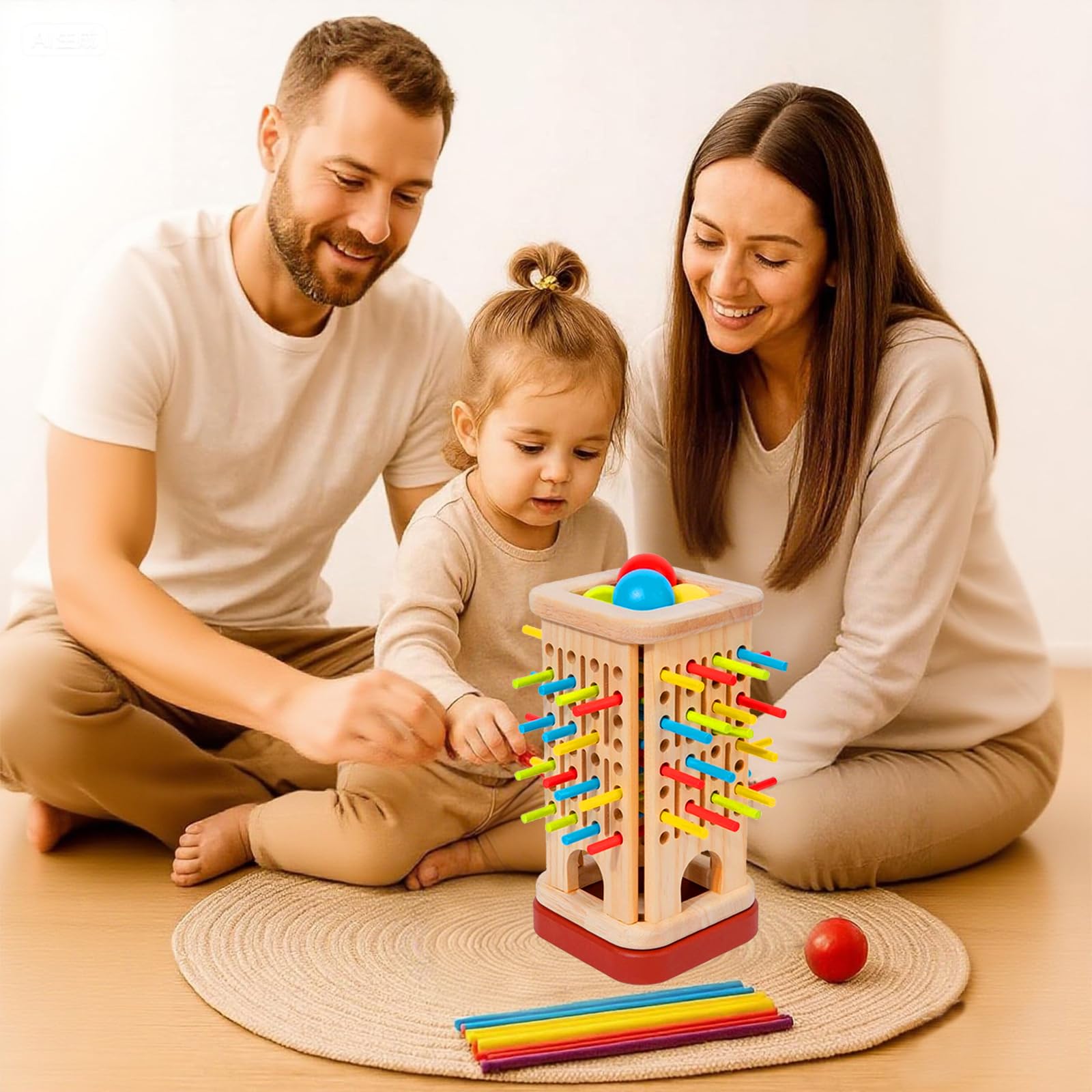 Giochi Montessori per Bambini 3-6 Anni – Gioco da Tavolo in Legno con 32 Bastoncini Colorati, Palla, Dado, Anello e Box – Gioco Educativo di Abilità Motoria, Family Game e Regalo