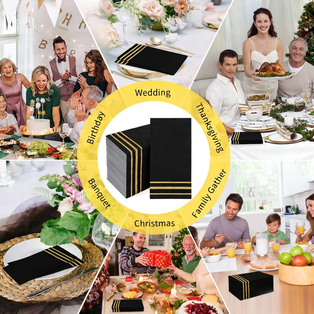 200 Pack Paper Napkins Disposable Guest Towels Gold Lined Elegant Dinner Napkins 2-ply Party Napkin Guest Disposable Soft&Absorbent Paper Hand Towels for Bathroom Kitchen Wedding Party Dinner Event