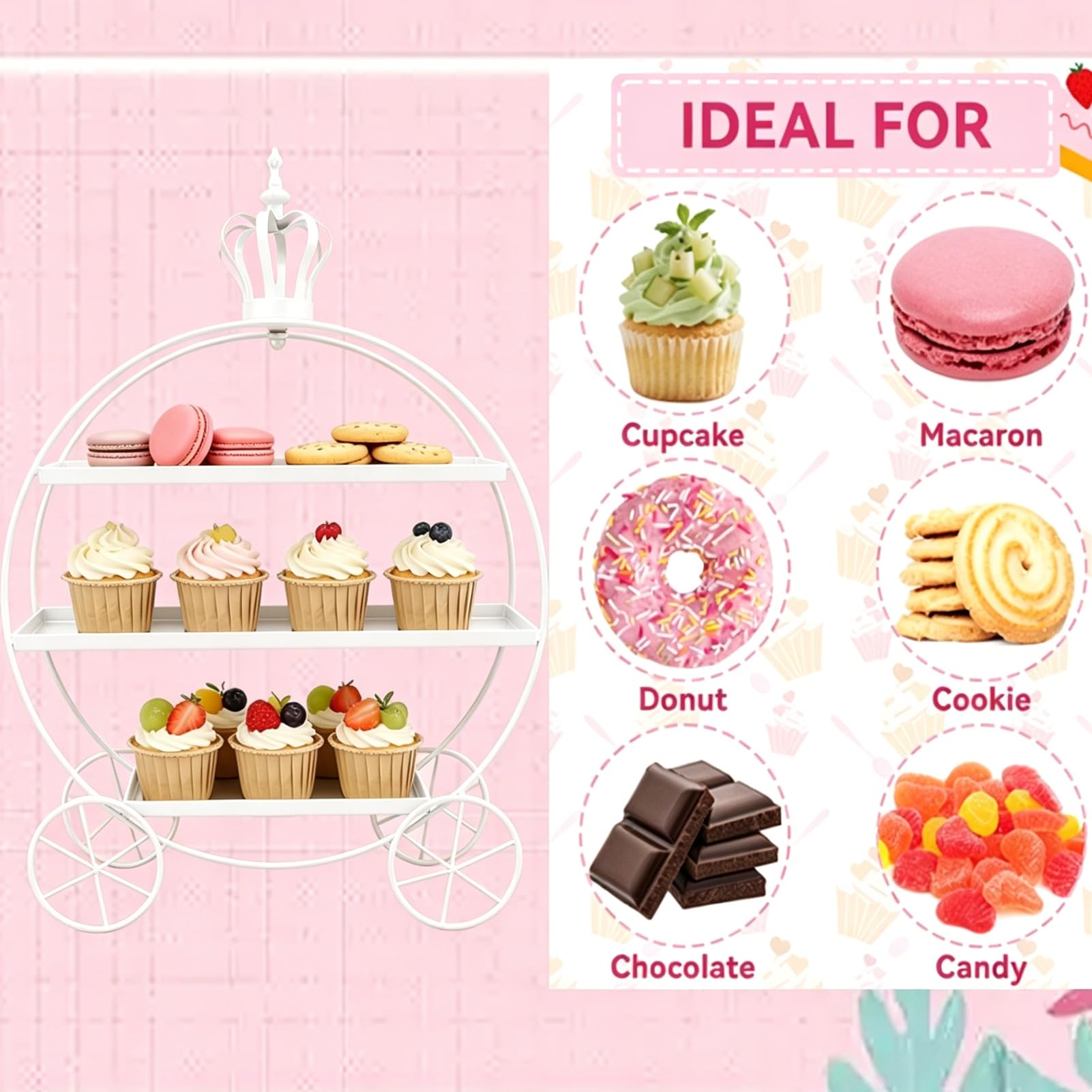 Présentoir à Cupcakes à 3 Étages, Présentoir à Desserts en Fer Forgé en Forme de Couronne, Plateau de Service Métallique à Étages pour Cupcakes, Beignets, Fruits et Biscuits(Blanc)