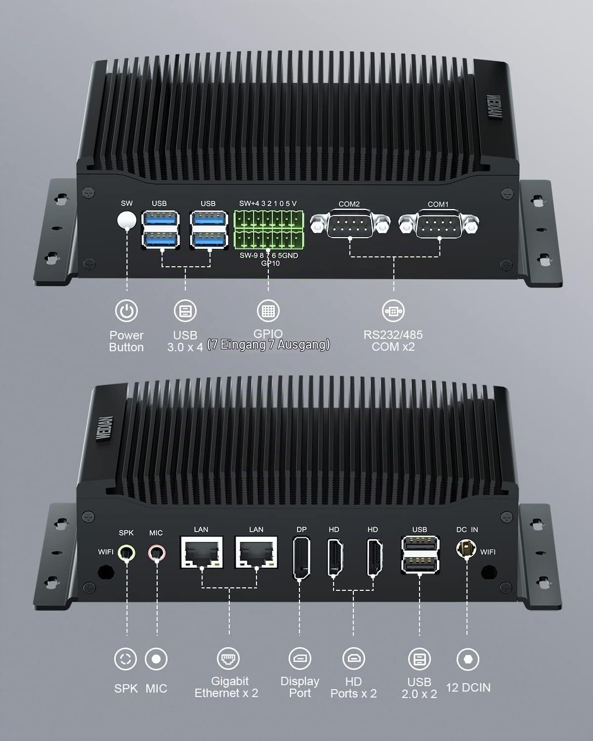 WEIDIAN Lüfterloser Mini PC, Industrie PC Core i7-10510U, Industrial Fanless Computer, 2HD+DP Triple Display, 2RS232 COM, 2RJ45 LAN, 6USB, GPIO, WiFi, BT, Win11/Linux/Ubuntu(16GB RAM 512GB SSD)