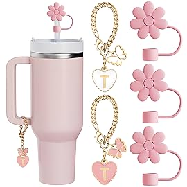 ANLABESY Compatible with Stanley Cup Accessories, 3PCS Hot Pink Straw Toppers for Stanley Cup Straw Cover Cap, 2PCS Cute Letter for 30&40 Oz Tumbler with Handle(T)