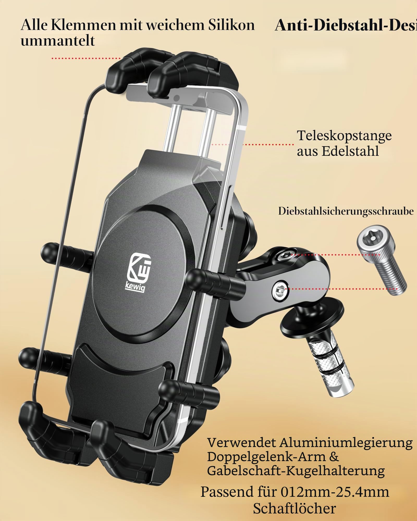 BRCOVAN Motorrad Gabelvorbau Handyhalterung mit Vibrationsdämpfer und Hochgeschwindigkeits-Sicherheitsschloss, Diebstahlsichere Motorrad Handyhalter Verstellbar für 5,4-7,2 Zoll Smartphones