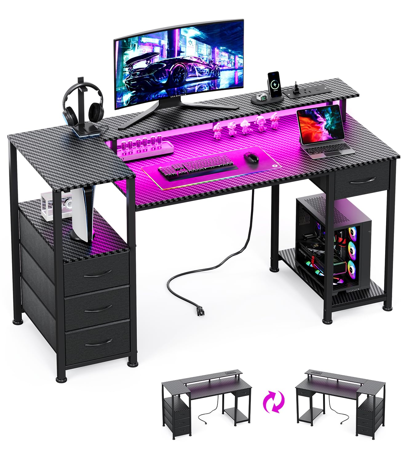 KitMent 120cm Desk with 4 Drawers, Power Outlets, Carbon Fiber Black
