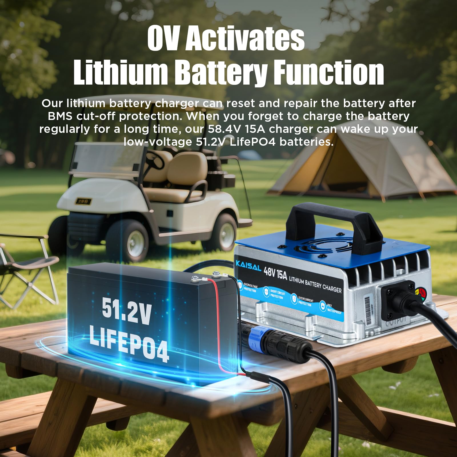 Cargador de batería de litio de 58.4 V 15 A para batería de litio LiFePO4 de 48 V, cargador de batería LiFePO4 de 48 V, 0 V, activa y reparación de batería de ciclo profundo, IP67 impermeable, para