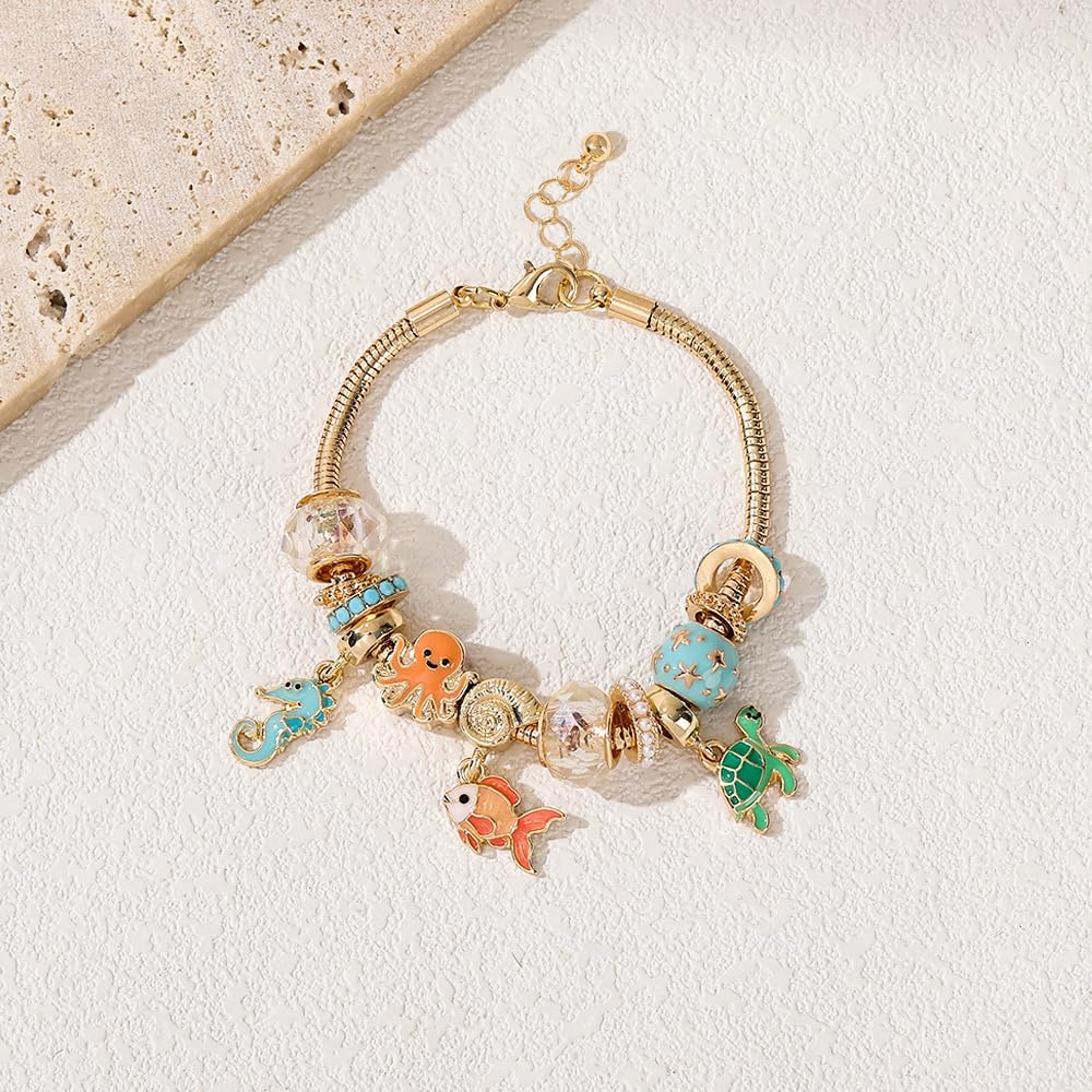 Madison Tyler Beach Bracelet for Women | Seahorse Octopus Tropical Fish Sea Turtle Shell Conch Beaded Charm Bracelet | Cute Gold Plated Adjustable Snake Chain Bracelet