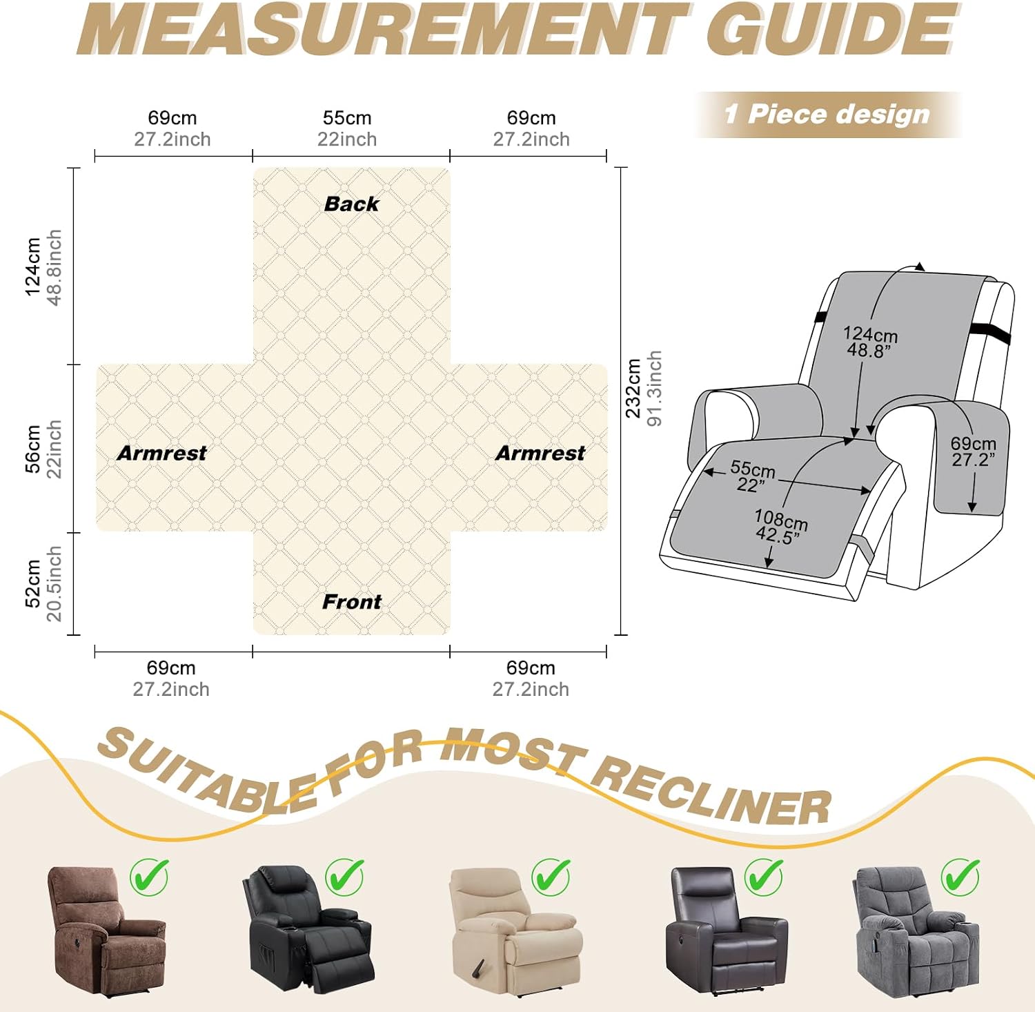 TAOCOCO 100% Waterproof Recliner Covers, Recliner Sofa Covers with Leg Straps, Reversible Recliner Couch Cover for Reclining Chair, Washable Couch Protector for Pets Kids(1 Seater 22", Camel)
