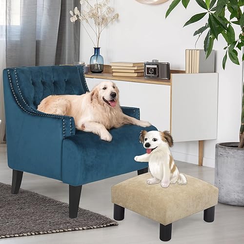 Miniatura 4 de Joveco Reposapiés otomano pequeño tapizado de tela, para sala de estar, dormitorio (trigo)