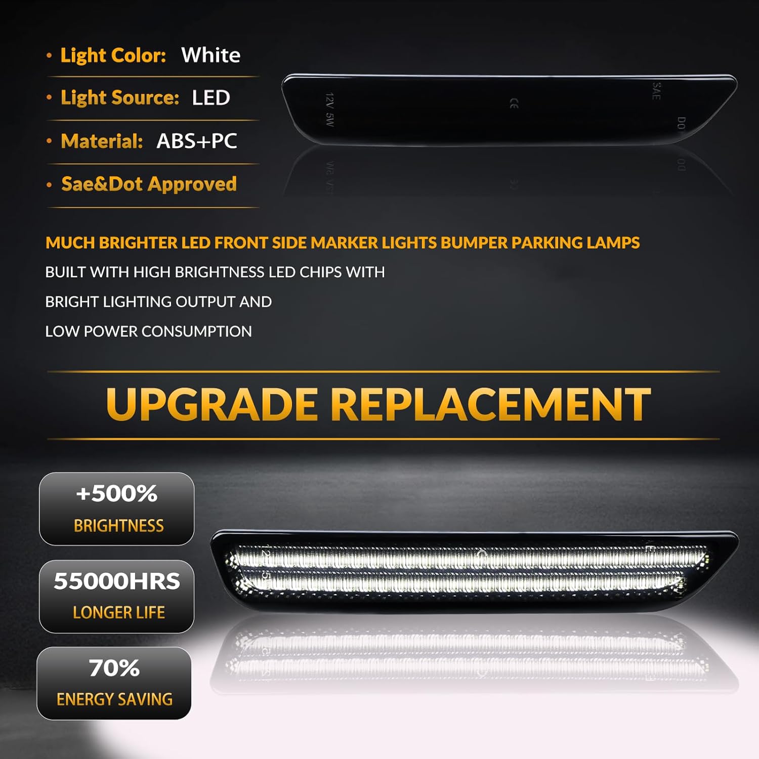 LED Side Marker Lights Front Bumper Fender White Parking Lamps for 2010-2014 Ford Mustang 2PCS, Smoked Len