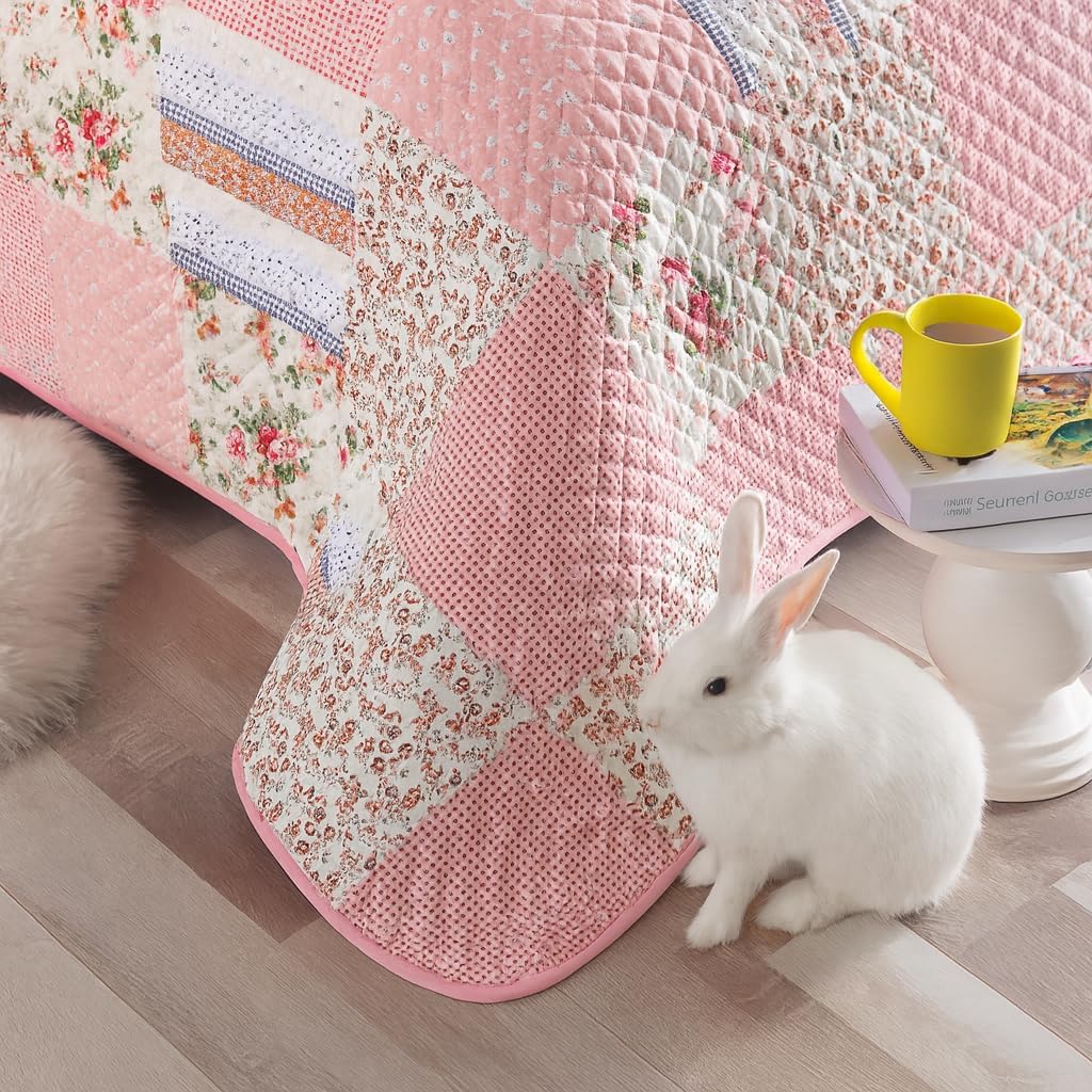 DBOZE Reversible Cotton Blend 3-Piece Embroidery Pattern Elegant Bedding Quilt Set with Embroidered Decorative Shams Soft Bedspread & Coverlet Set (Pink, Queen)