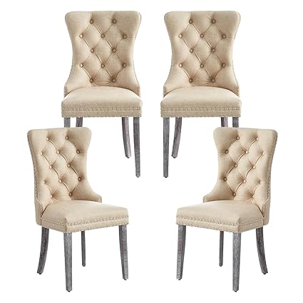Kiztir Leather Dining Chairs Set of 4, Upholstered Dining Chair with Nailhead Trim and Solid Wood Legs, Luxury Wingback Dining Side Chair for Living Room, Bedroom, Kitchen (Beige)