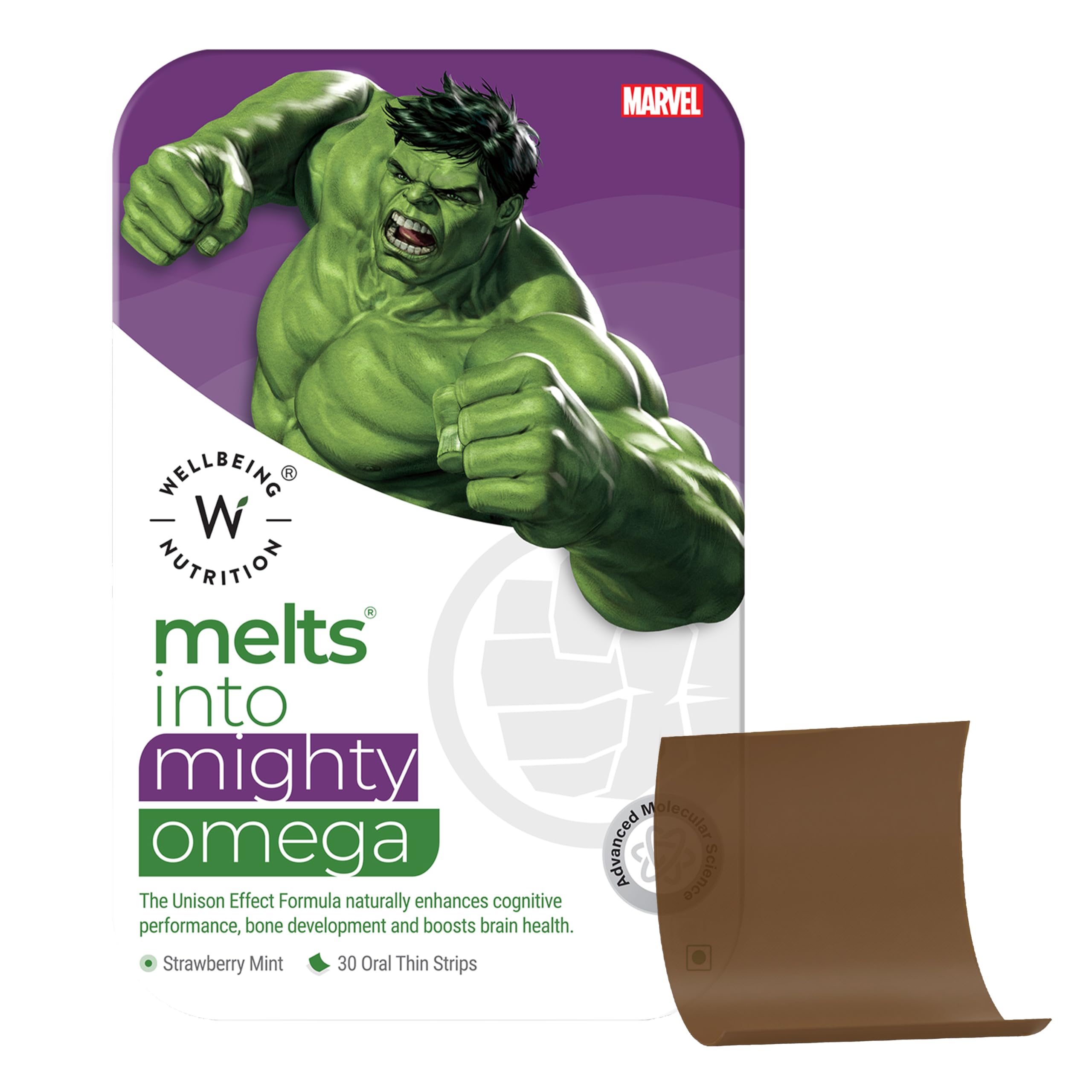 Wellbeing Nutrition Marvel Melts Vegan Omega 3 EPA & DHA for Kids | Lutein, Vitamin E | Supports Brain Development, Concentration, Eye & Heart Health | Strawberry Mint Flavor, 30 Oral Strips