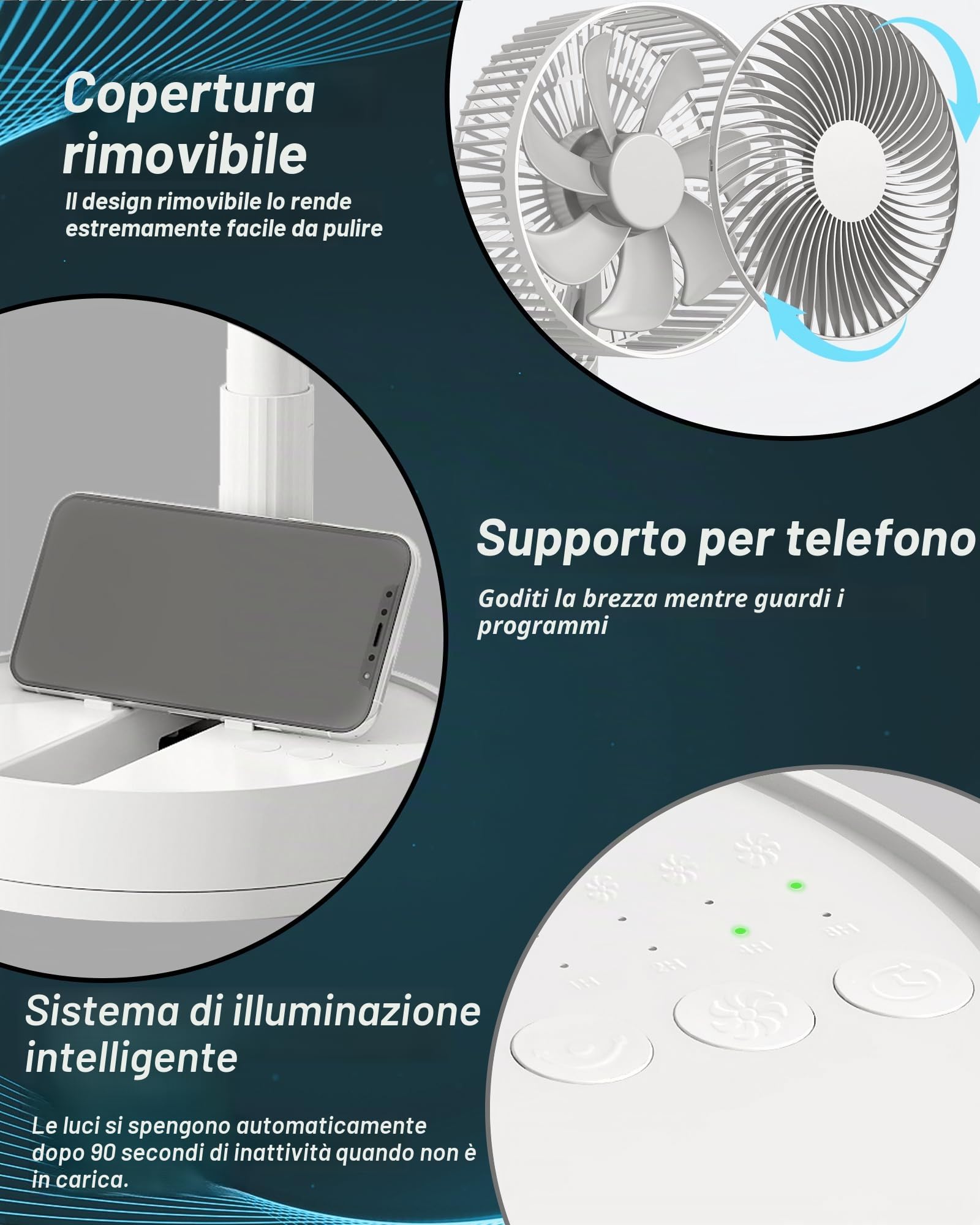 Ventilatore da tavolo, ventilatore portatile oscillante da 20 cm, ricaricabile, funzionamento 24 ore, rotazione di 90°, piccolo ventilatore per camera da letto, 4 velocità e timer 8H, mini