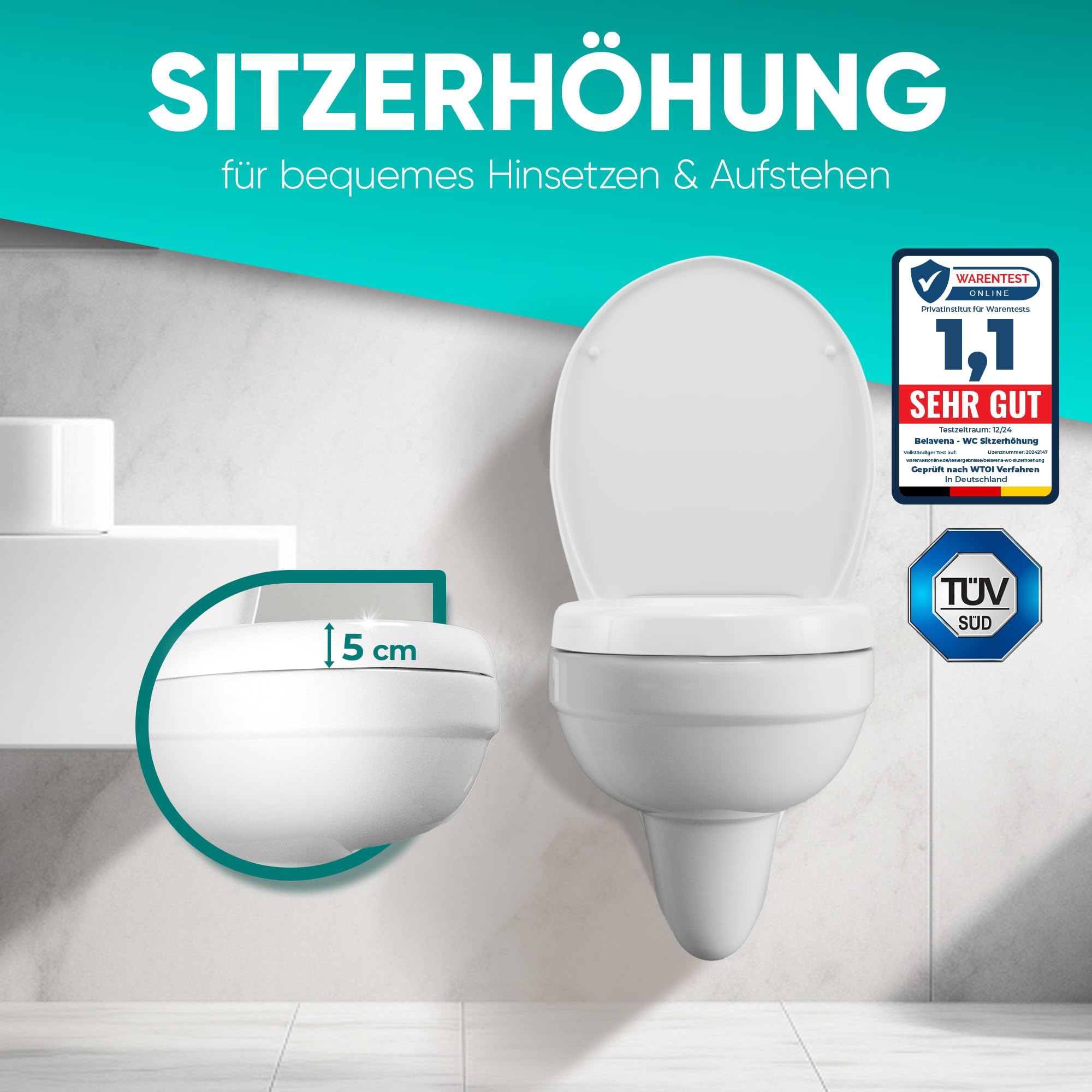 BELAVENA® WC Sitzerhöhung 5cm inkl. Absenkautomatik für bequemes Sitzen & Aufstehen | Erhöhter Toilettensitz aus Duroplast bis 200 kg belastbar | Toilettensitzerhöhung - Raised Toilet Seat