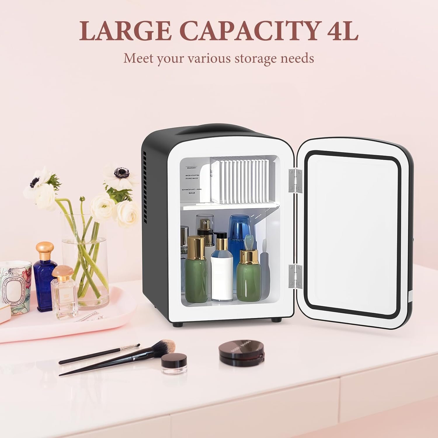 Xbeauty Retro Mini Fridge, Compact Refrigerator with 4L Capacity/6 Cans，Cooler & Warmer, Removable Shelf for Skincare, Beverages, Cosmetics, Perfect for Dorm, Bedroom, Black