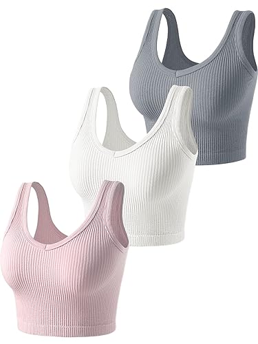 3 Pieces Womens Tank Tops Cute Sexy Going Out Ribbed Summer Tops Black White Crop Tops for Women - Small - White Grey Pink