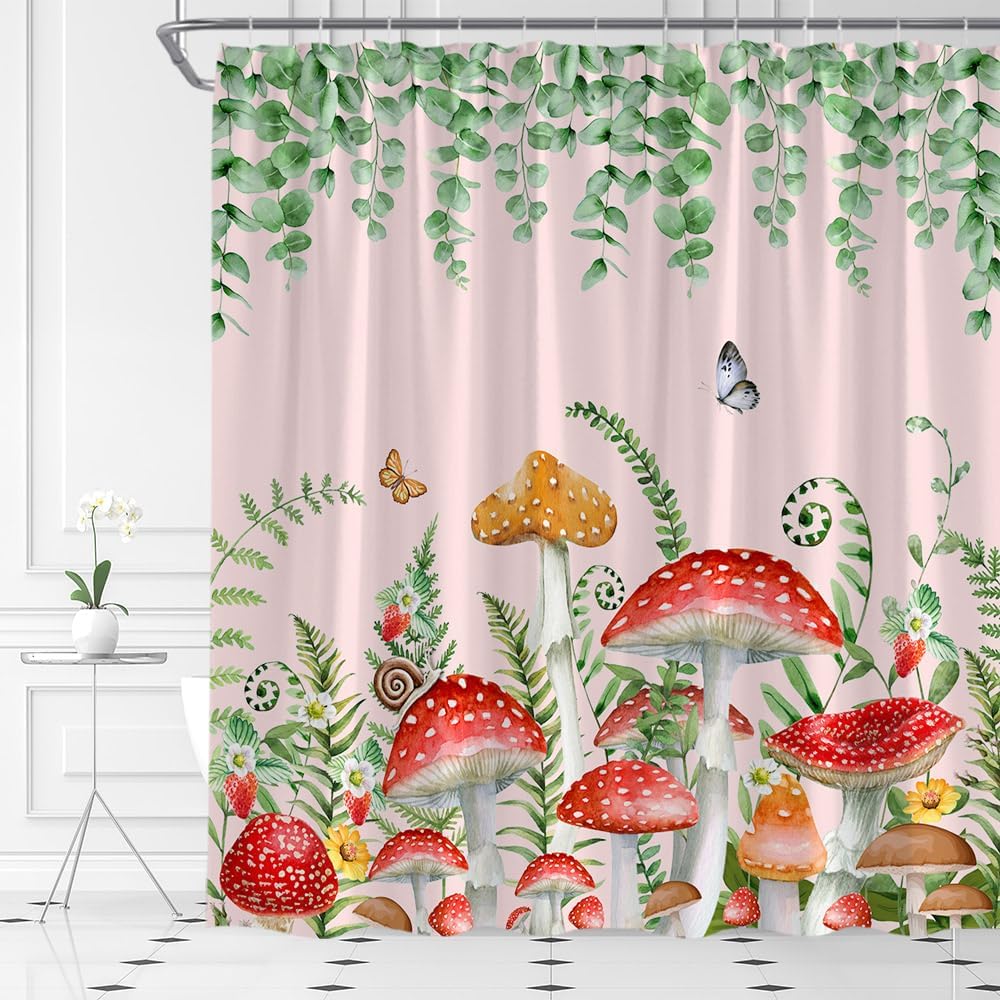 AMFD Mushroom Shower Curtain Butterfly Floral Green Leaves Botanical Wildflowers Green Plant Aesthetic Fairy Kids Fabric Bathroom Decor Set with Hooks,(70" Wx74.8 H)