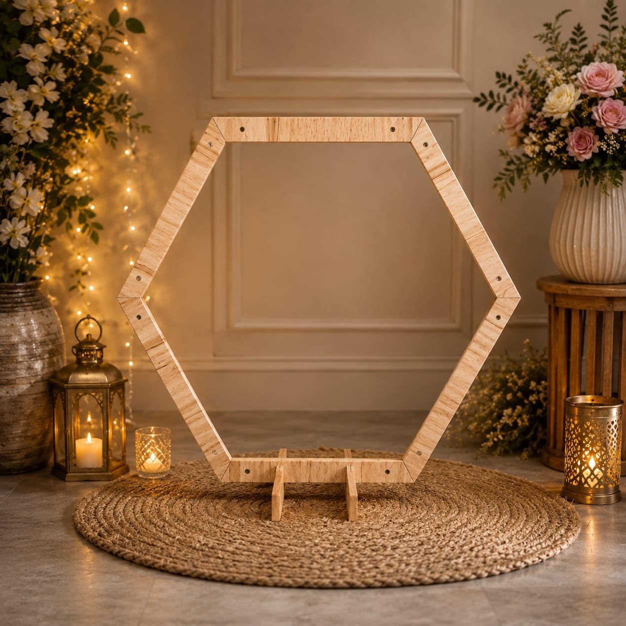 SATYAM KRAFT 1 Piece Foldable Hexagon Shape Wooden Makhar Mandap | Wooden Pooja Backdrop Stand for DIY Pandal & Temple | Festival Decoration Setup for Ganesh Chaturthi, Janmashtami & Idol Pooja Decor-image-31
