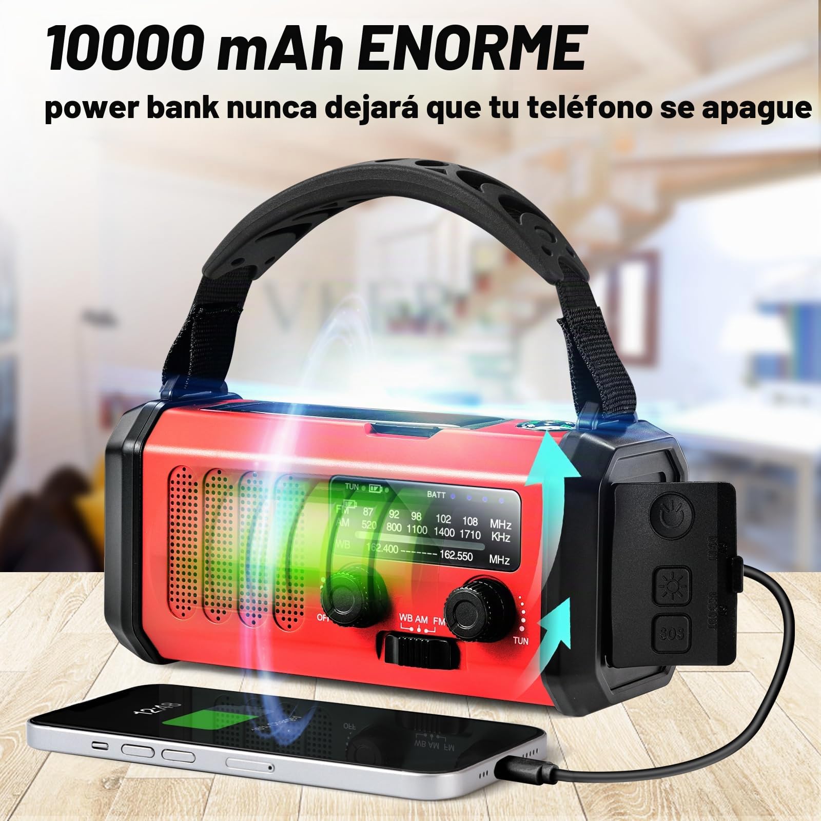 QAUYYW Radio de emergencia de manivela, 37 000 mWh, energía solar, radio meteorológica portátil NOAA AM FM con linterna de 3 modos y linterna de lectura, cargador de teléfono móvil, señal