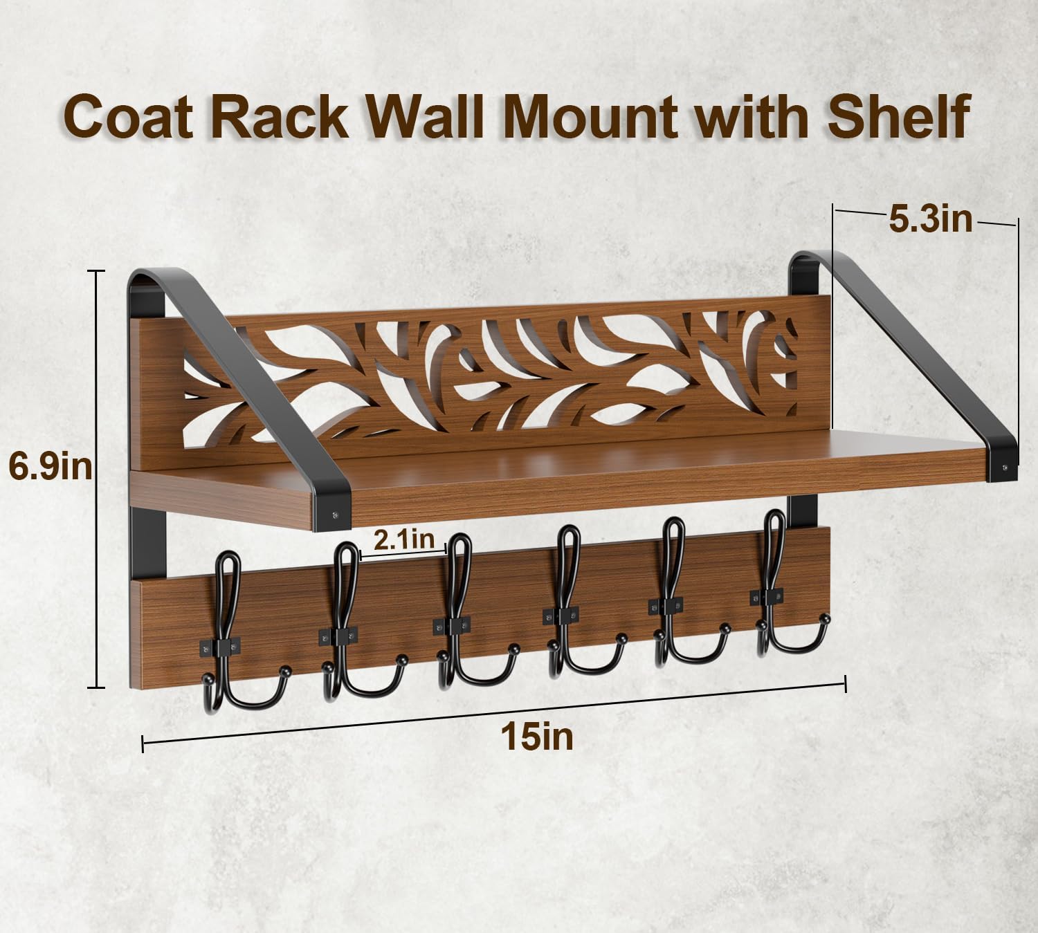 WGFKVAS 2 in 1 Coat Rack Wall Mount with Shelf and 6-Double Hook Wall Hooks with Shelf, Rustic Brown 15" Wood Organizer for Entryway, Living Room, Bedroom, Hallway