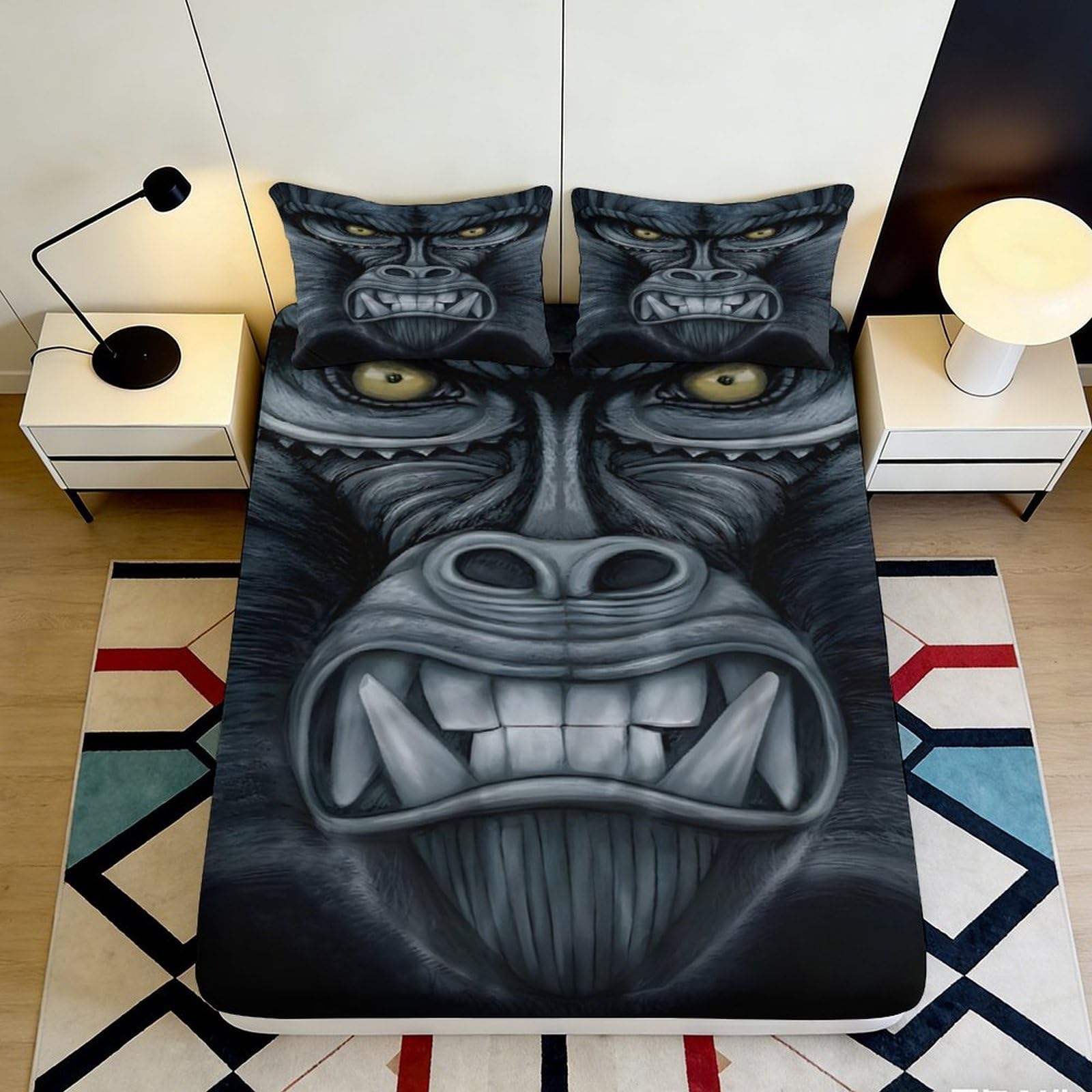 3D Printed Gorilla Face Fitted Sheet Microfiber Soft Mattress Cover for Bedroom Guest Room Dust Protection Decor 90x200x25cm