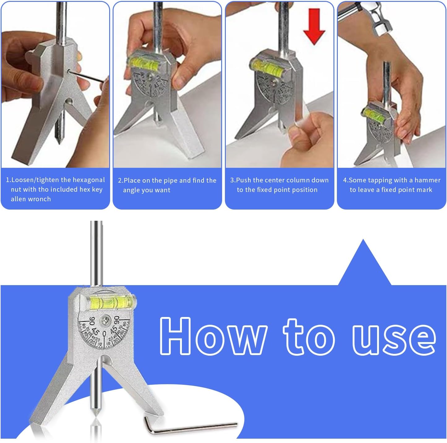 Pipe Center Finder, Marker Centering Tool, Pipefitter Tools, Safety Pipe Marker Centering Head Tool, 4in Y Type Base, with Adjustable Dial Bubble Protractor