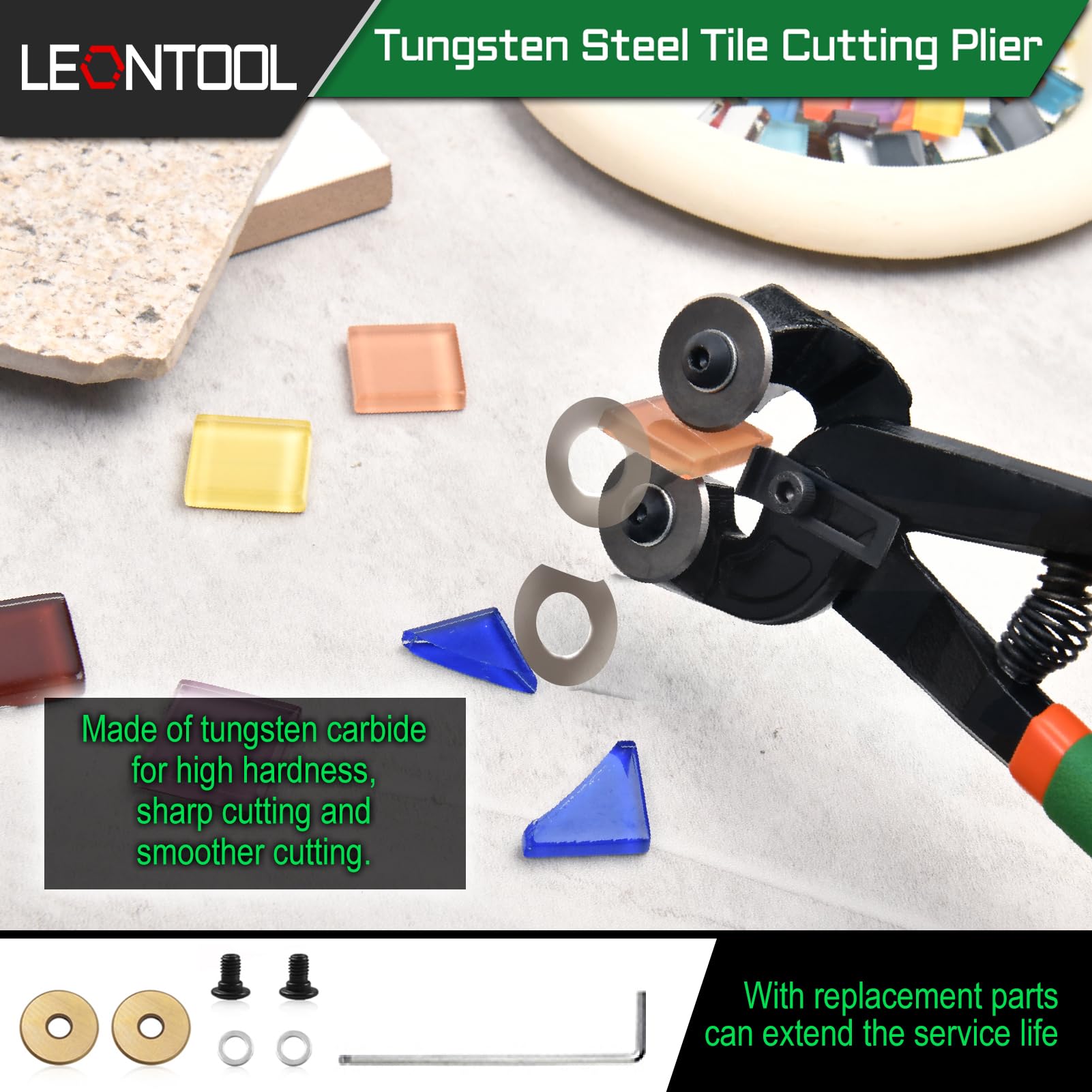 LEONTOOL Juego de 20 herramientas de mosaico de 8 pulgadas con ruedas de vidrio para azulejos con rueda de corte de repuesto y alicates de vidrio para correr, alicates Grozer Kit de cortador