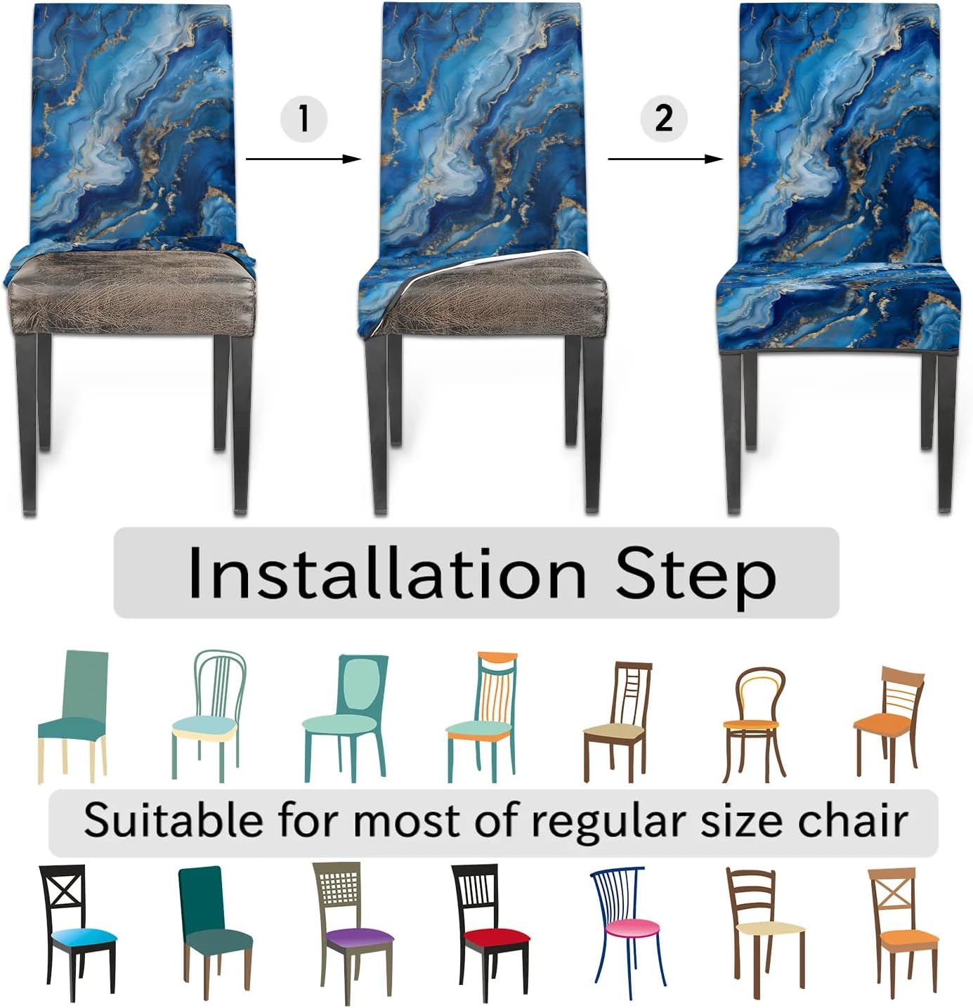 Blue Liquid Marble Dining Chair Covers Set of 2 Kitchen Stretch Chair Cover Removable Washable Parson Seat Slipcover Folding Dining Room Chair Protective Cover for Party Decor