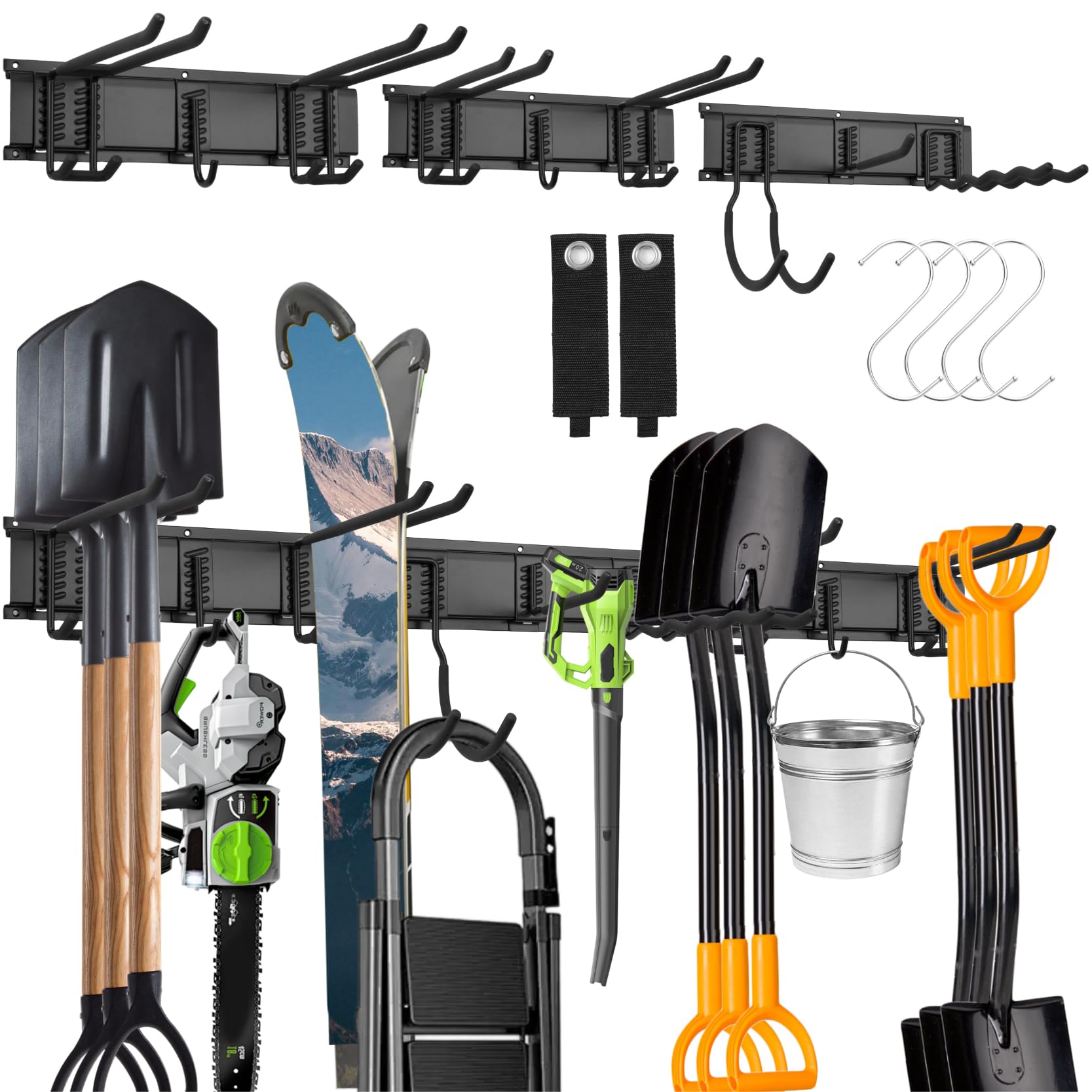 Organisateur d’Outils Mural Robuste 48 Pouces, Étagère de Garage et Jardin avec 9 Crochets en Acier pour Échelles, Balais, Pelles, Râteaux, Serpettes et Outils de Jardin
