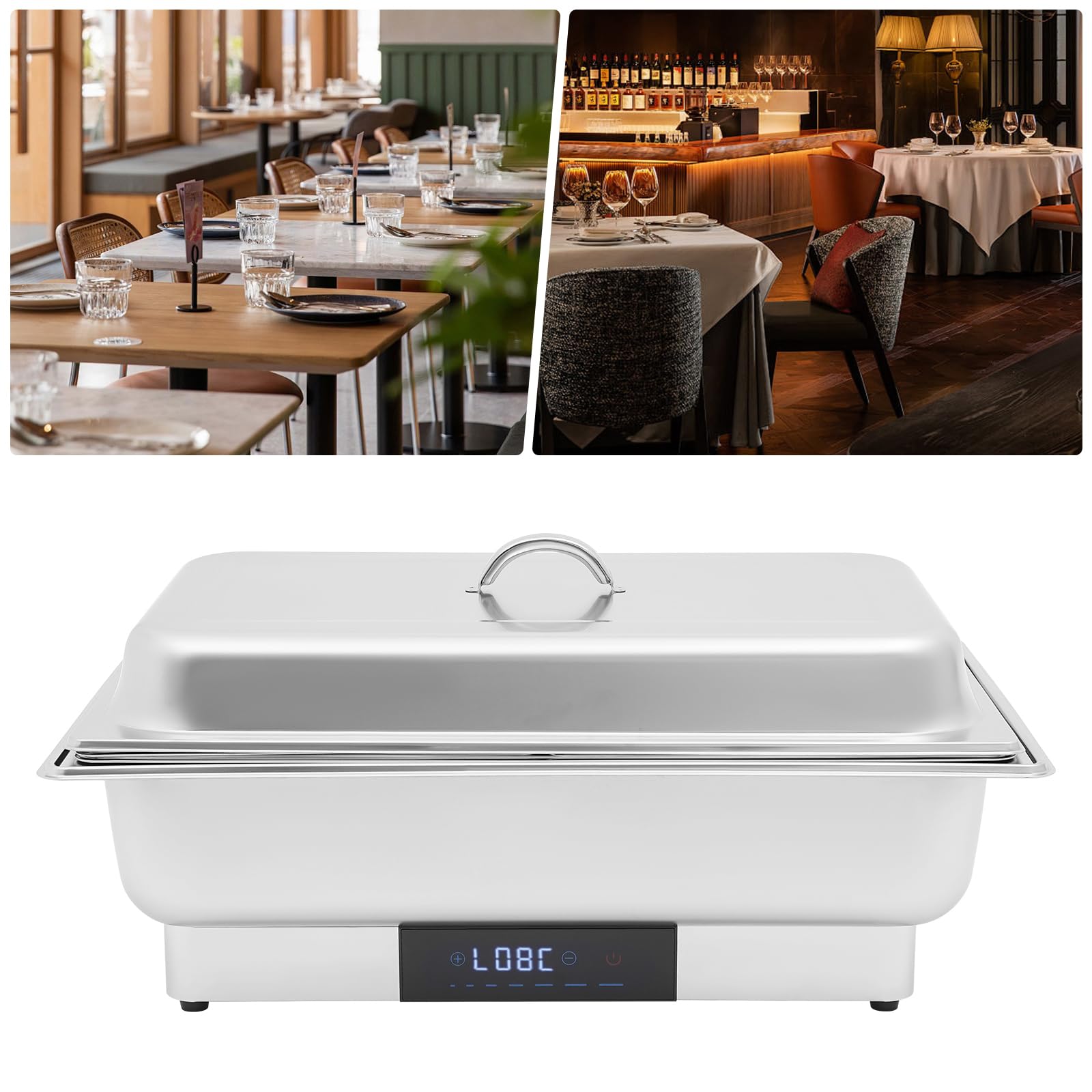 Chafing Dish elettrico in acciaio inox da 9 l, con coperchio e touch screen digitale, per buffet, 35-90 °C, per ristoranti e feste, 56 x 26 x 36 cm (1 scomparto + 2 piccoli scomparti, 9 l)