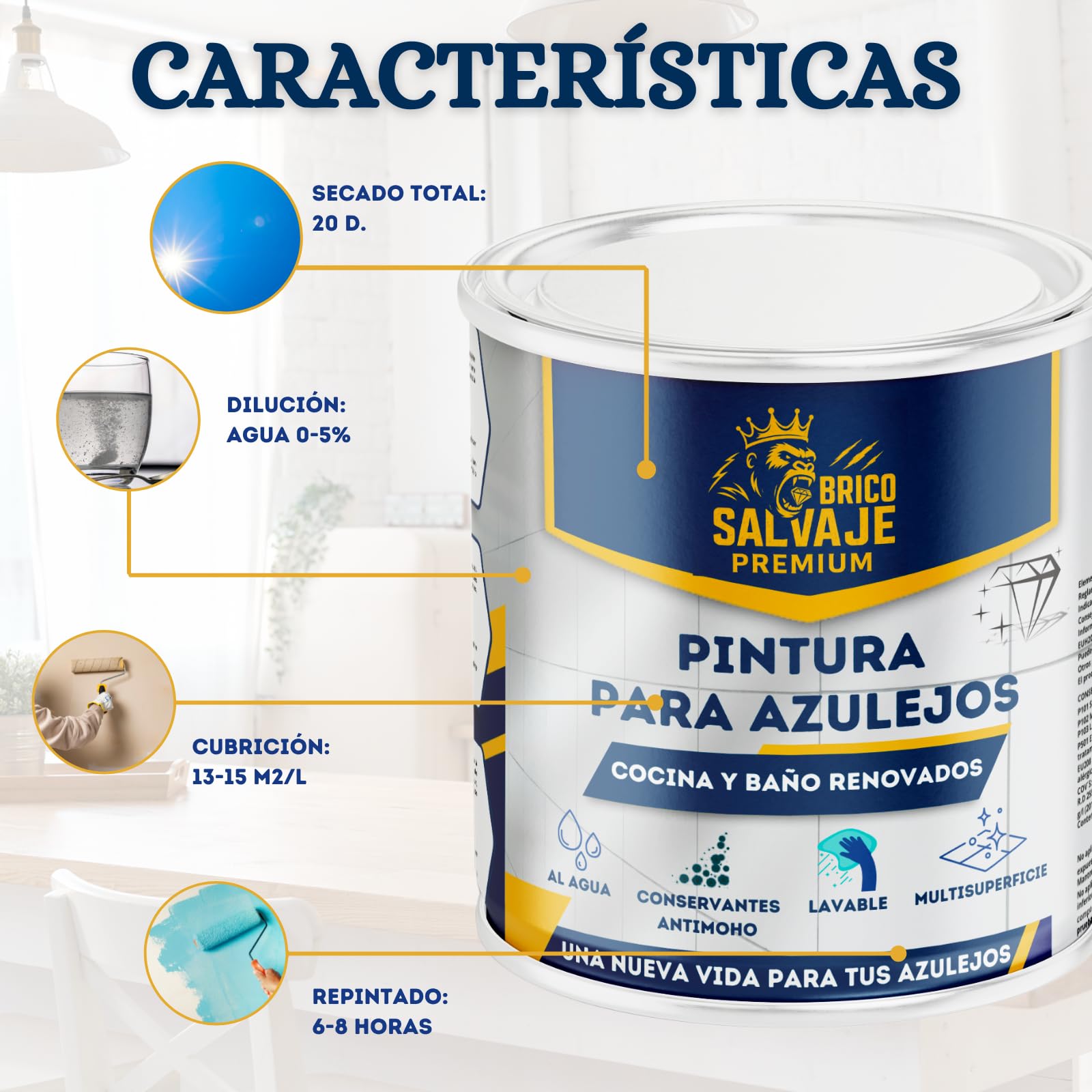 Pintura Premium para Azulejos, BRILLANTE, Duradera, Lavable, Aplicación Sencilla, Perfecta para Baños y Cocinas (AIRE PURO, 0,75 Litros)