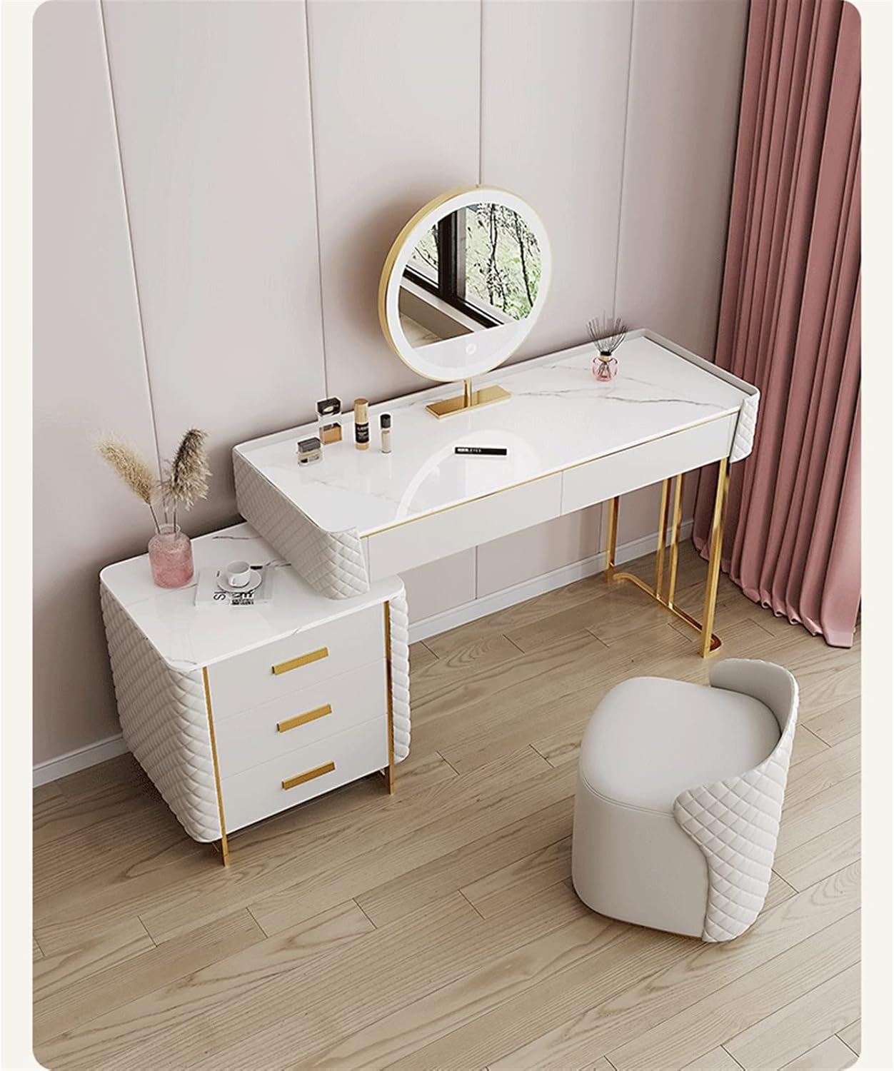 Vanity Dressing Table Set Luxury Makeup Bench with 3 Colors Led Hd Mirror,Comfortable Stool Drawers Cabinet,Modern Simple Style,for Girl's Gift (Size : 80cm) ()