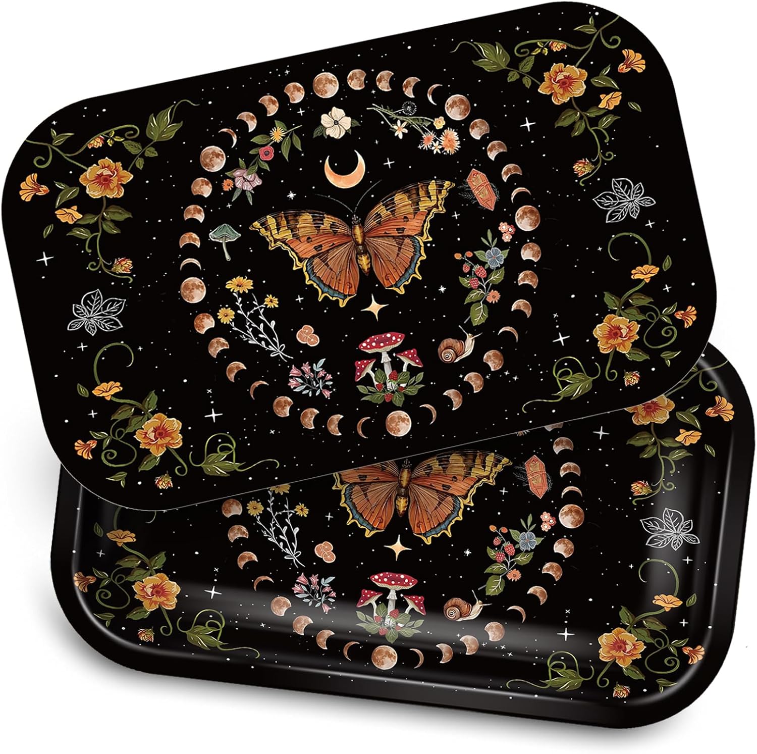Metal Tray with PVC Soft Magnetic Lid, 11" x 7" - Large Storage Decorative Tray for Home Decor, Coffee Table, Tea, Snacks, Gifts (Butterfly Floral)