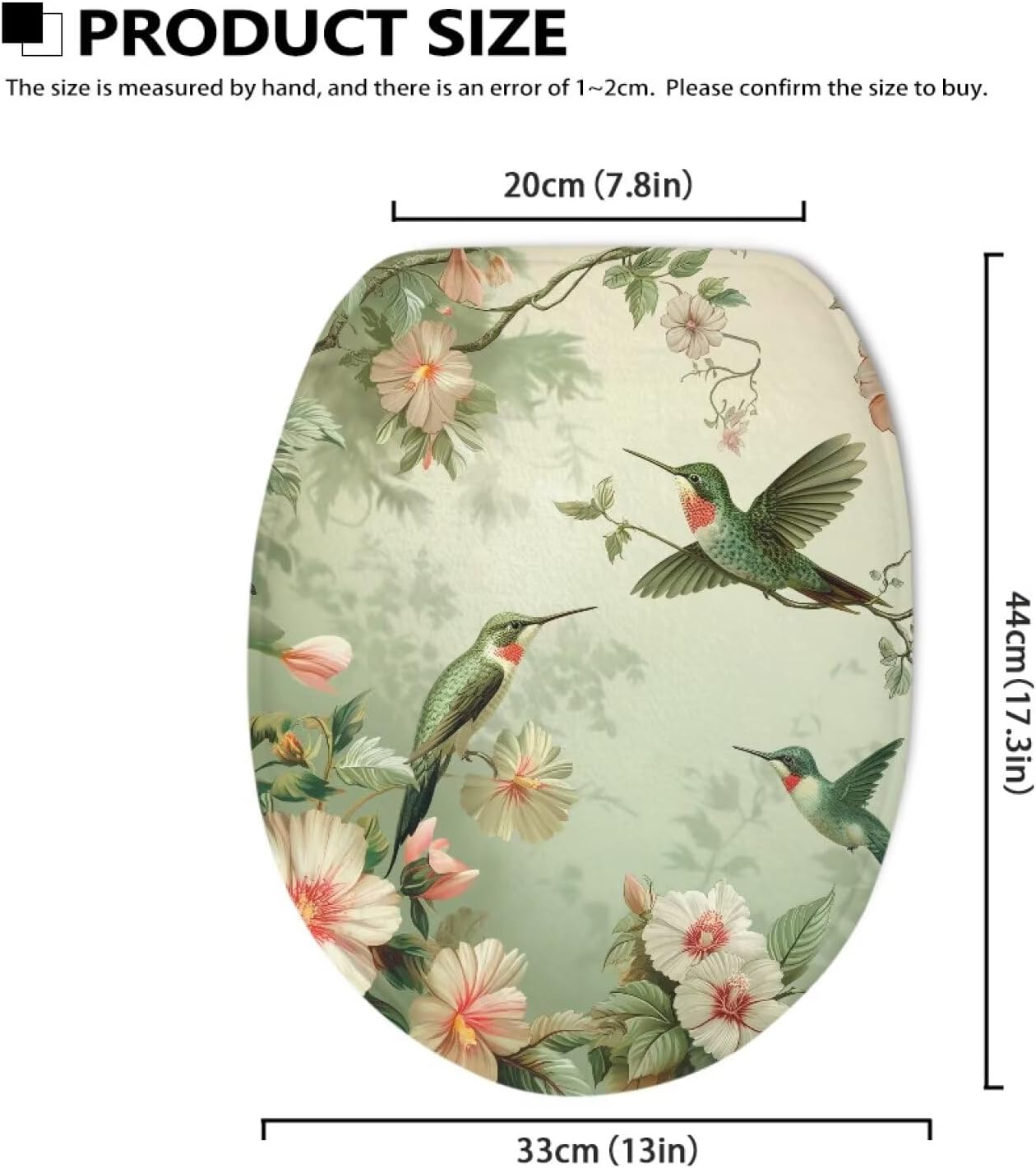 Hummingbird Floral Green Toilet Seat Cover 17 X 14 inches Standard Toilet Lids for Bathroom Machine Washable Seat Covers Fits Most Round Elongated and Oblong Lids Accessories Decor