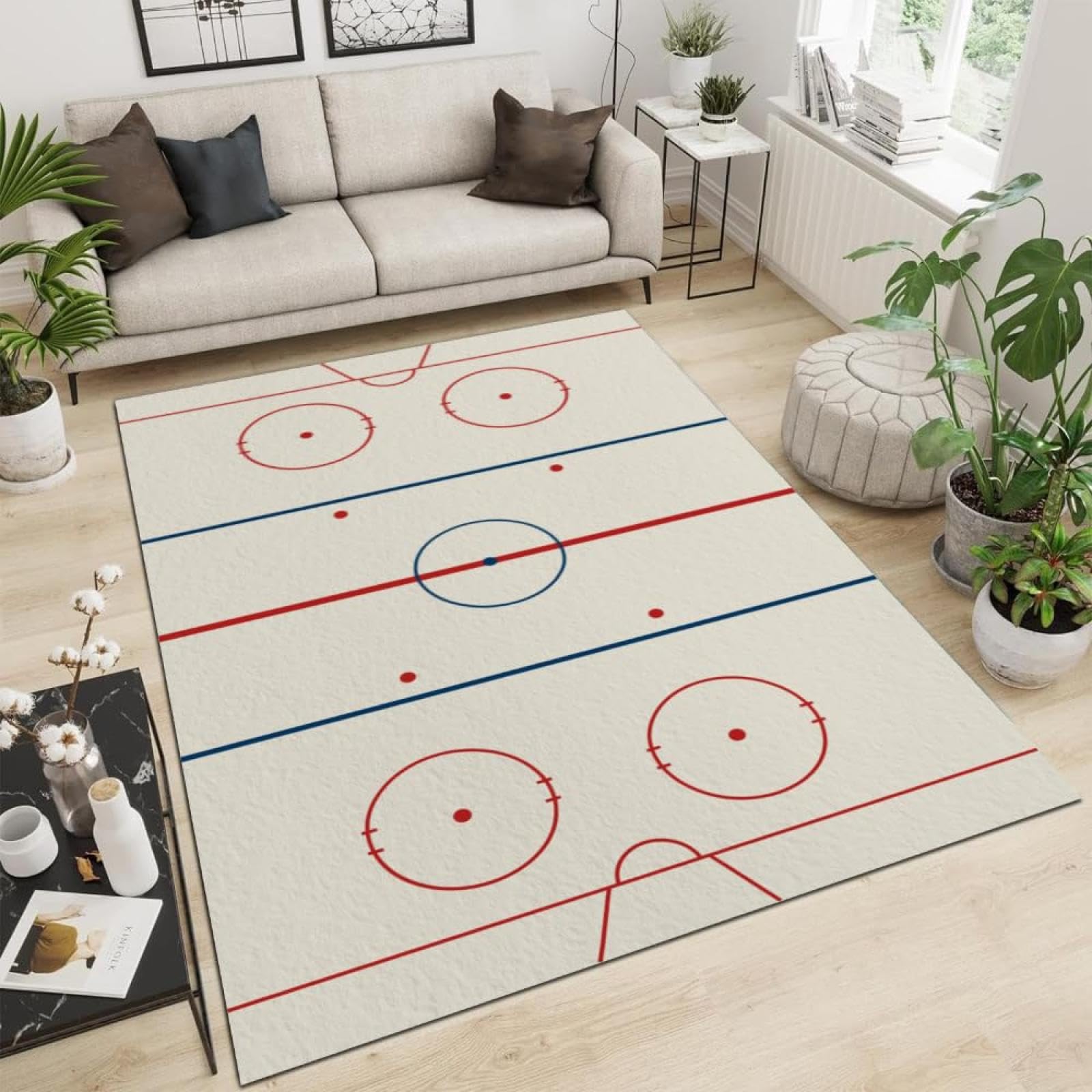 Prosty dywan dziecięcy 150 x 210 cm czerwony kolor lodowisko do hokeja na lodzie do wewnątrz antypoślizgowy można prać w pralce, dywan do salonu, niebieski i czerwony dywan do pokoju zabaw dla