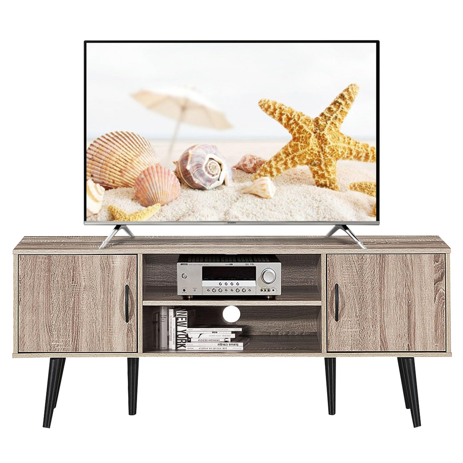 COSTWAY Mobile Porta TV Moderno, Supporto per TV con 2 Armadietti, Mensola Aperta, per TV fino a 65 Pollici, per Salone, Camera da letto, Corridoio, 147 x 39,5 x 62 cm