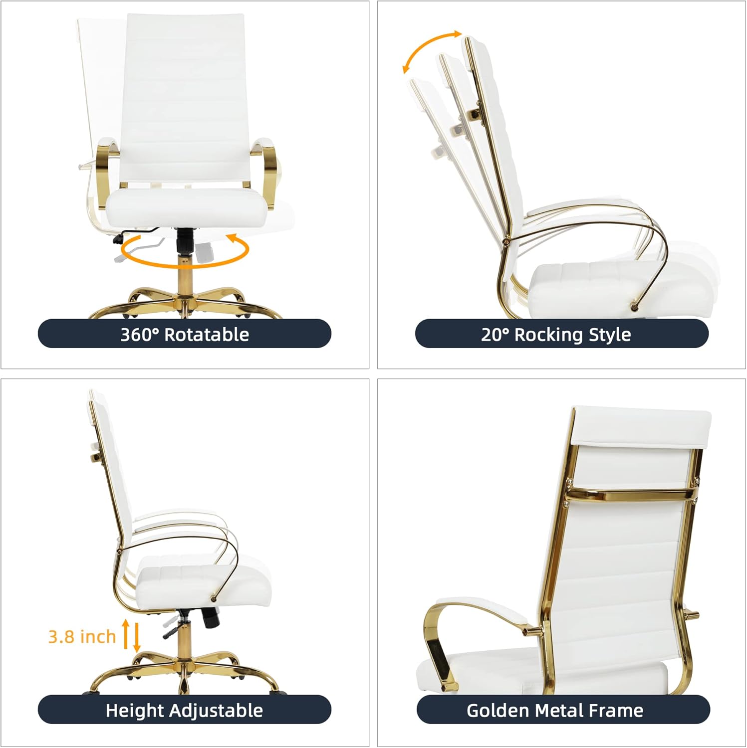 LANDSUN Home Office Chair High Back Executive Chair Ribbed PU Leather Computer Desk Chair with Armrests Soft Padded Adjustable Height Swivel Conference Gold Frame White