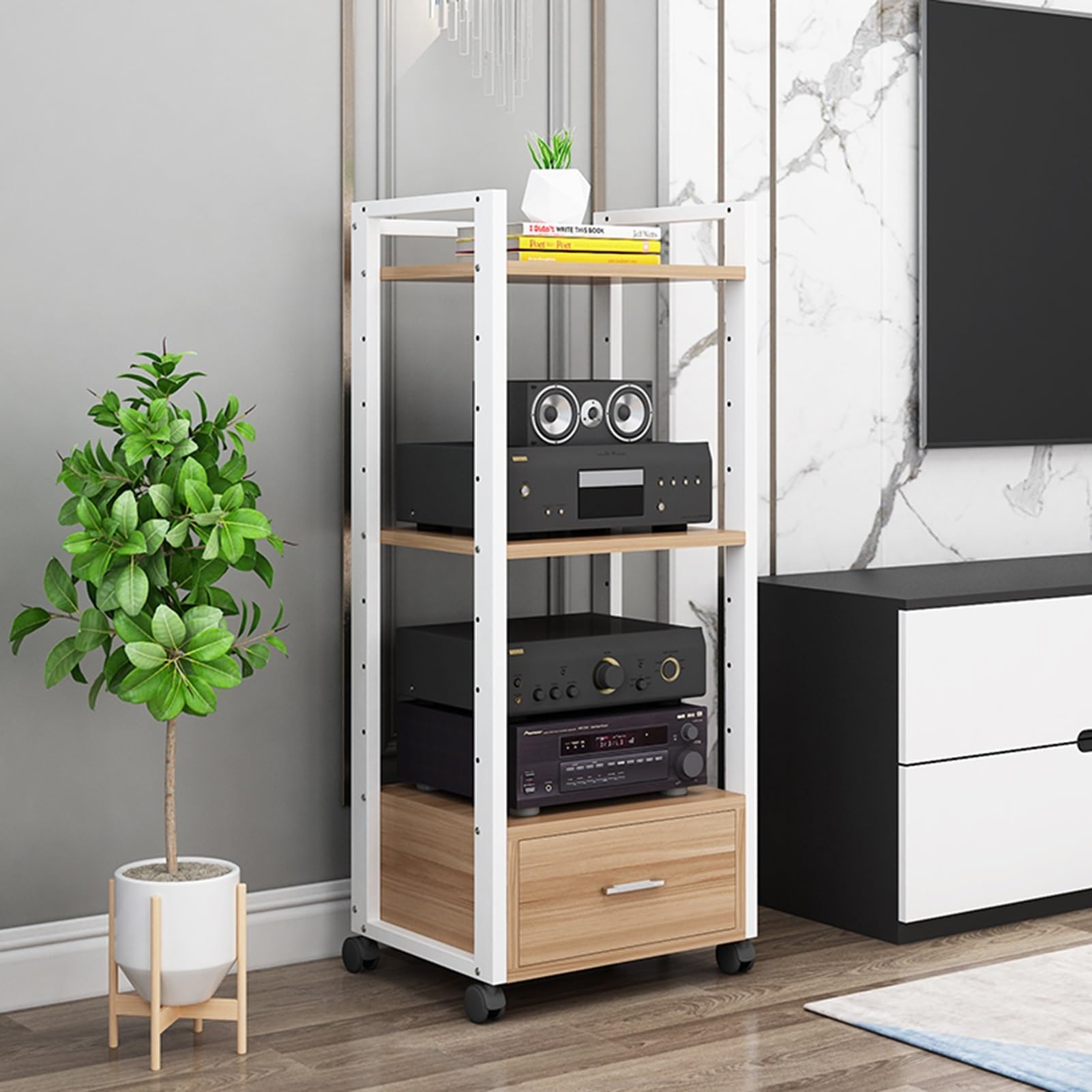 XingLi Home Stereo Rack System, 3-Tier AV Media Stand, with Height Adjustable Wooden Shelf and Drawer, Heavy Duty Audio/Video Component Cabinet for Amplifiers/Players/TV Accessories(Size:A)