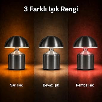 CoverZone Şarj Edilebilir LED Mantar Masa Lambası, Dokunmatik 3 Renk Modlu, 1800 Mah Kablosuz Metal Abajur, USB Type-C Şarjlı Komodin Gece Lambası, LED3202-1, Gri Renk [Enerji Sınıfı A]