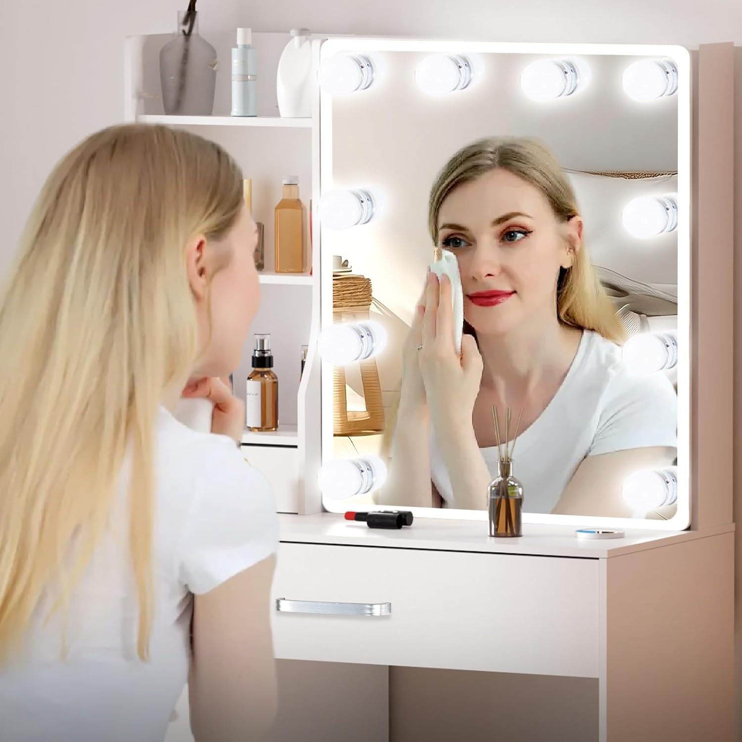 Vanity Desk with Sliding Mirror and Lights, 32 Inch Makeup Vanity Set with 6 Drawers & Storage Shelves, White Vanity Table with LED Lighted Mirror and Chair for Bedroom for Girls Women White-07