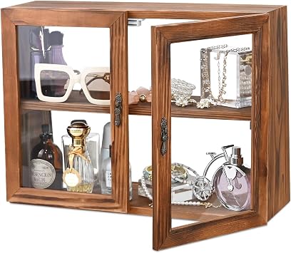 MOOCA Wood Glass Display Case with Double Doors, 2-Level Shelf, Brown
