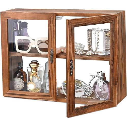 MOOCA Wood and Glass Display Case with Double Doors, Adjustable 2-Level Collection Display Case for Mini Funko Pop Figures, Bakery Pastry Container, Jewelry Organizer Storage, Brown Color