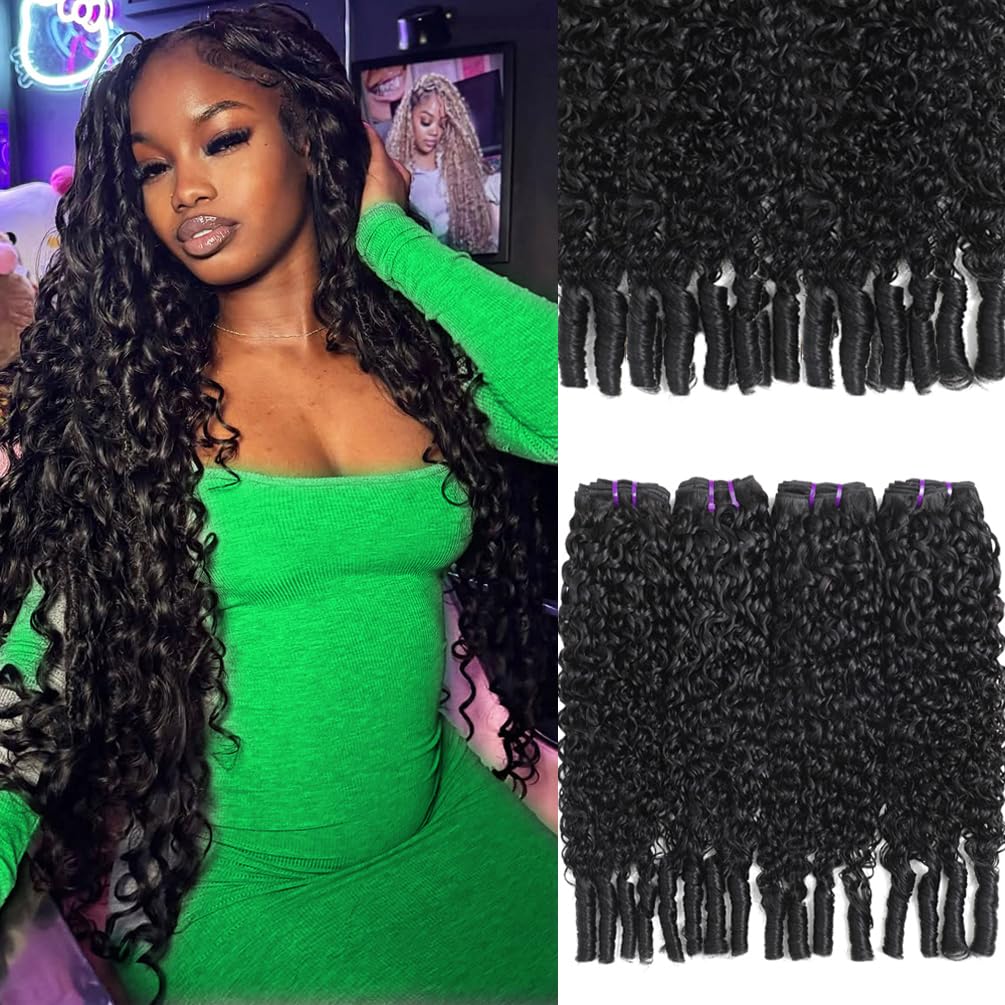 Burmese Curly 4 Bundles Human Hair （ 22 24 26 28 Inch ）12A Unprocessed Virgin Water Wave Bundles Deals Human Hair Extensions with Spriral End 3c4a Quick Weave Hair for Women Natural Black