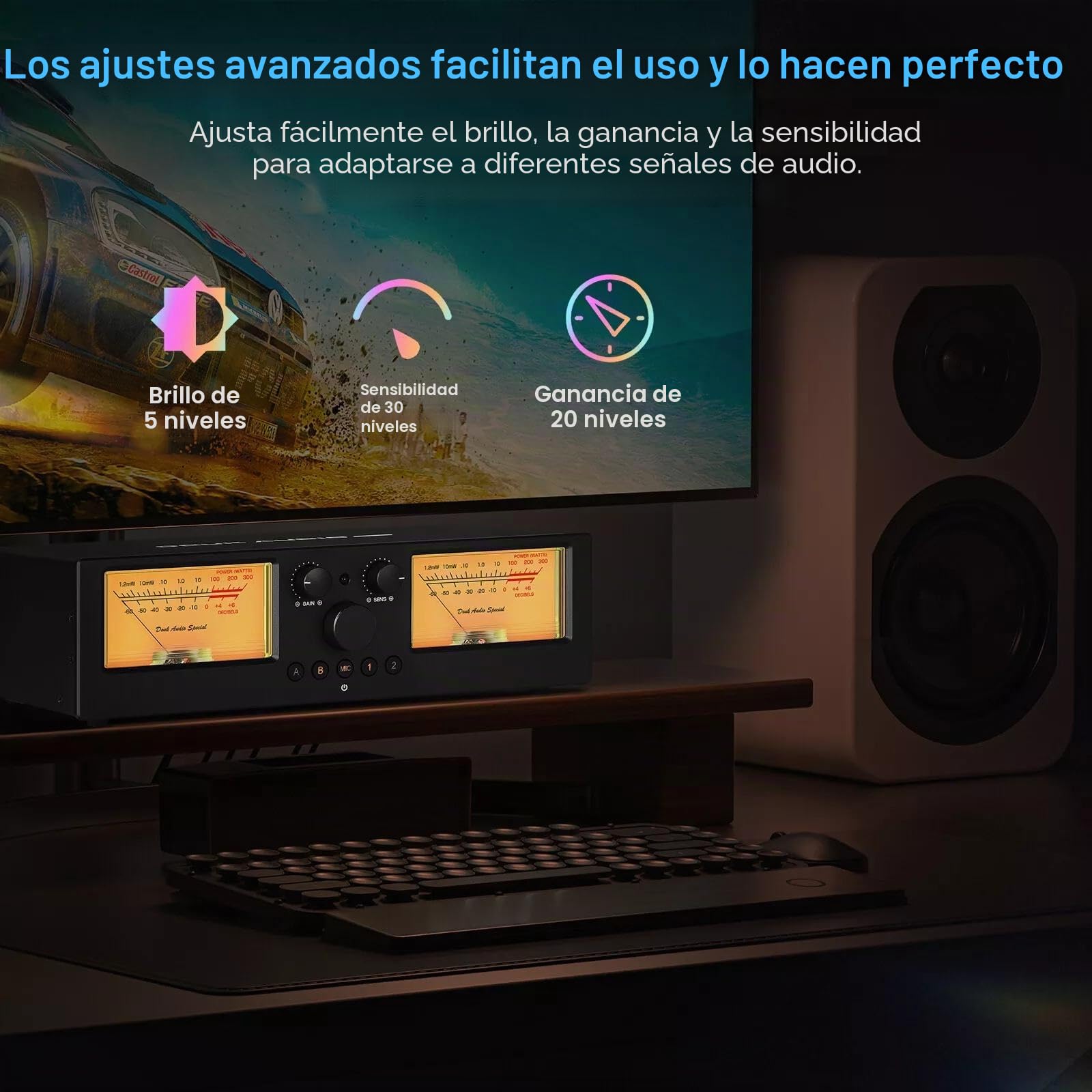 DoukAudio VU3PRO - Medidor VU analógico dual, interruptor de amplificador de 2 vías, selección de altavoces, amplificador de audio, 2 en 2 salidas con pastilla MIC y pantalla de panel DB