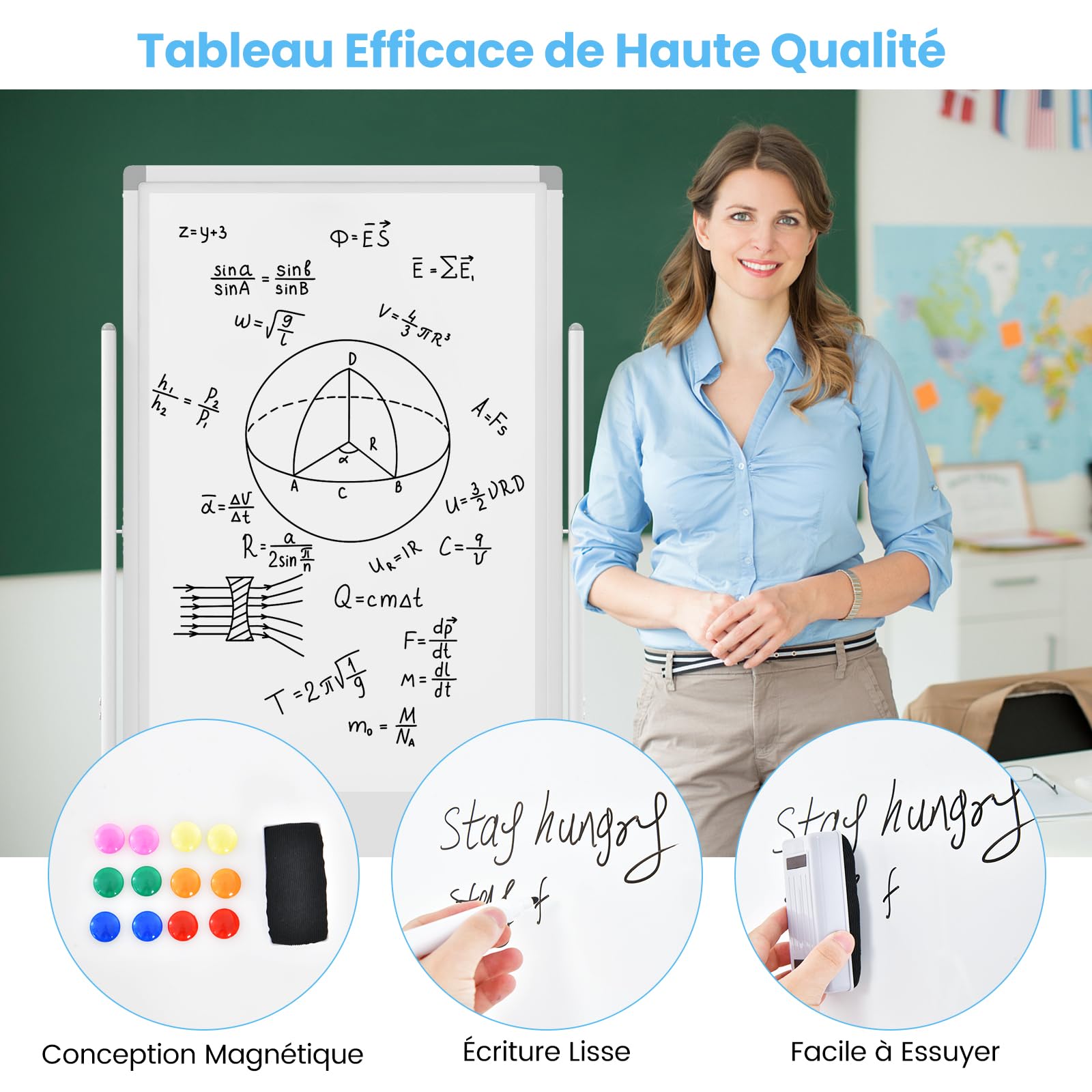 GIANTEX Tableau Blanc Mobile Double Face, 60 x 100 cm, Tableau Magnétique sur Pieds Réglable en 2 Hauteur, Effaçable à Sec, Marqueurs Noirs, Effaceur, Aimants (Blanc, 60 x 100 cm)