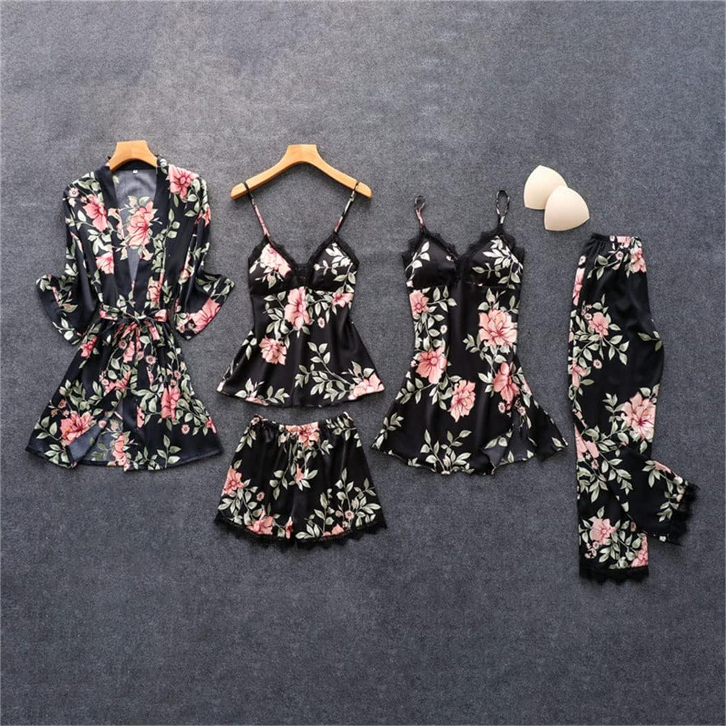 Haitpant Womens Pink Pajamas Sets Strap Top Pants Sleepwear Suit Spring Autumn Home Wear Nightwear Kimono Robe Bath Gown