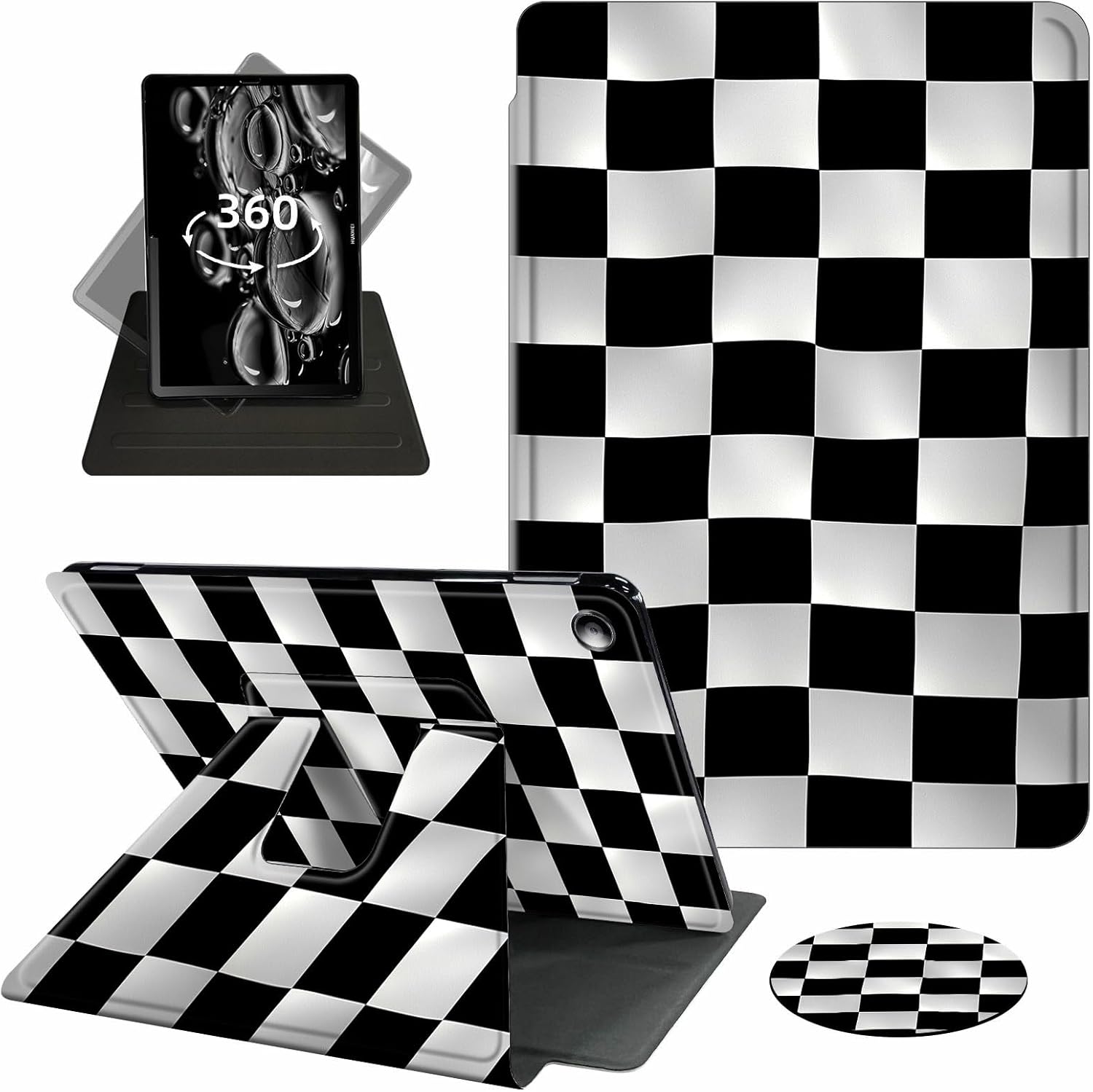 Case for Kindle Fire 7 Tablet Case 7 Inch (9th/7th/5th Generation,2019/2017/2015 Release),360 Degree Rotating Swivel PU Leather Stand Folio Cover with Auto Wake/Sleep,Black White Checkere